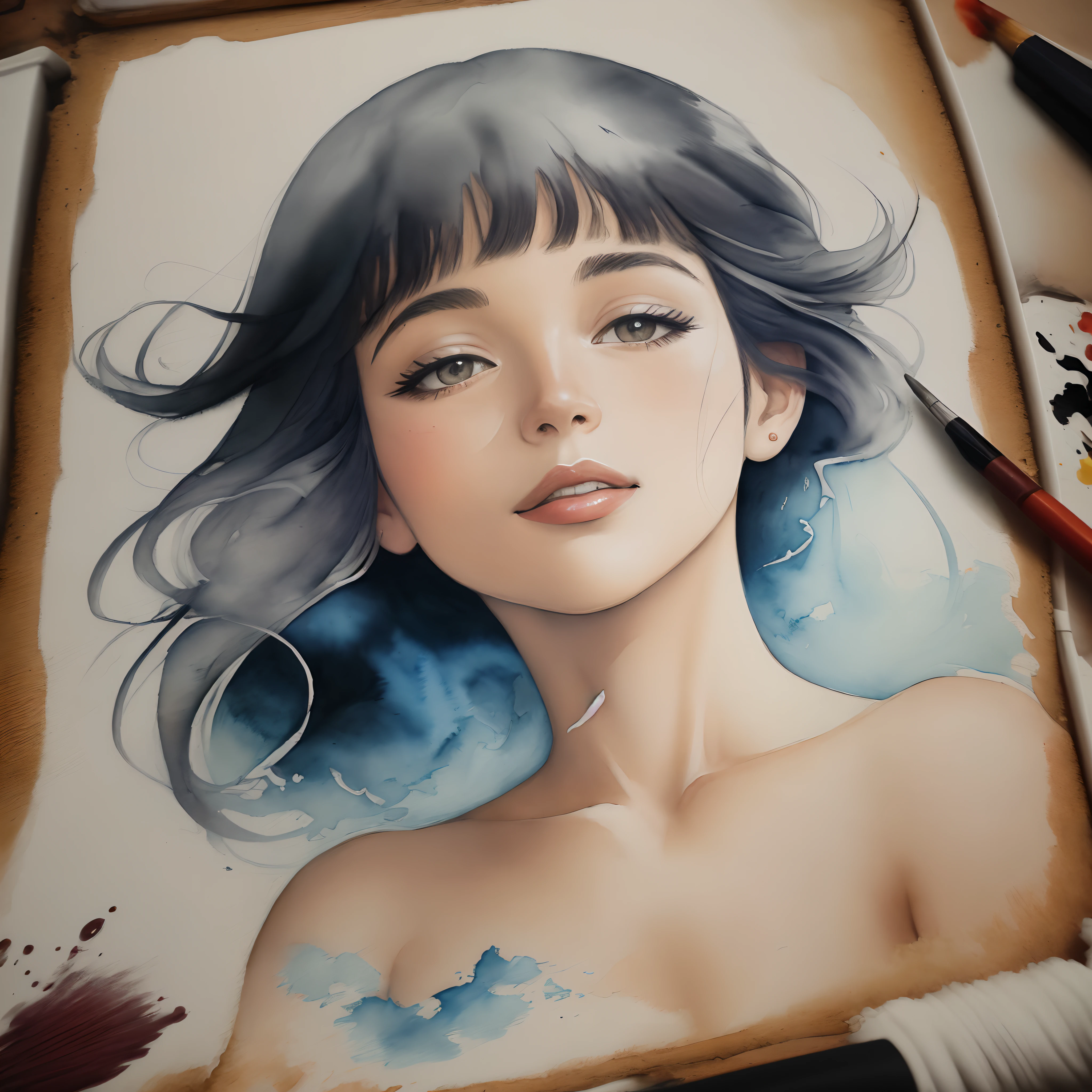 calmo, pintura a tinta e aquarela, retratando monteiro lobato, olhar sereno, paz