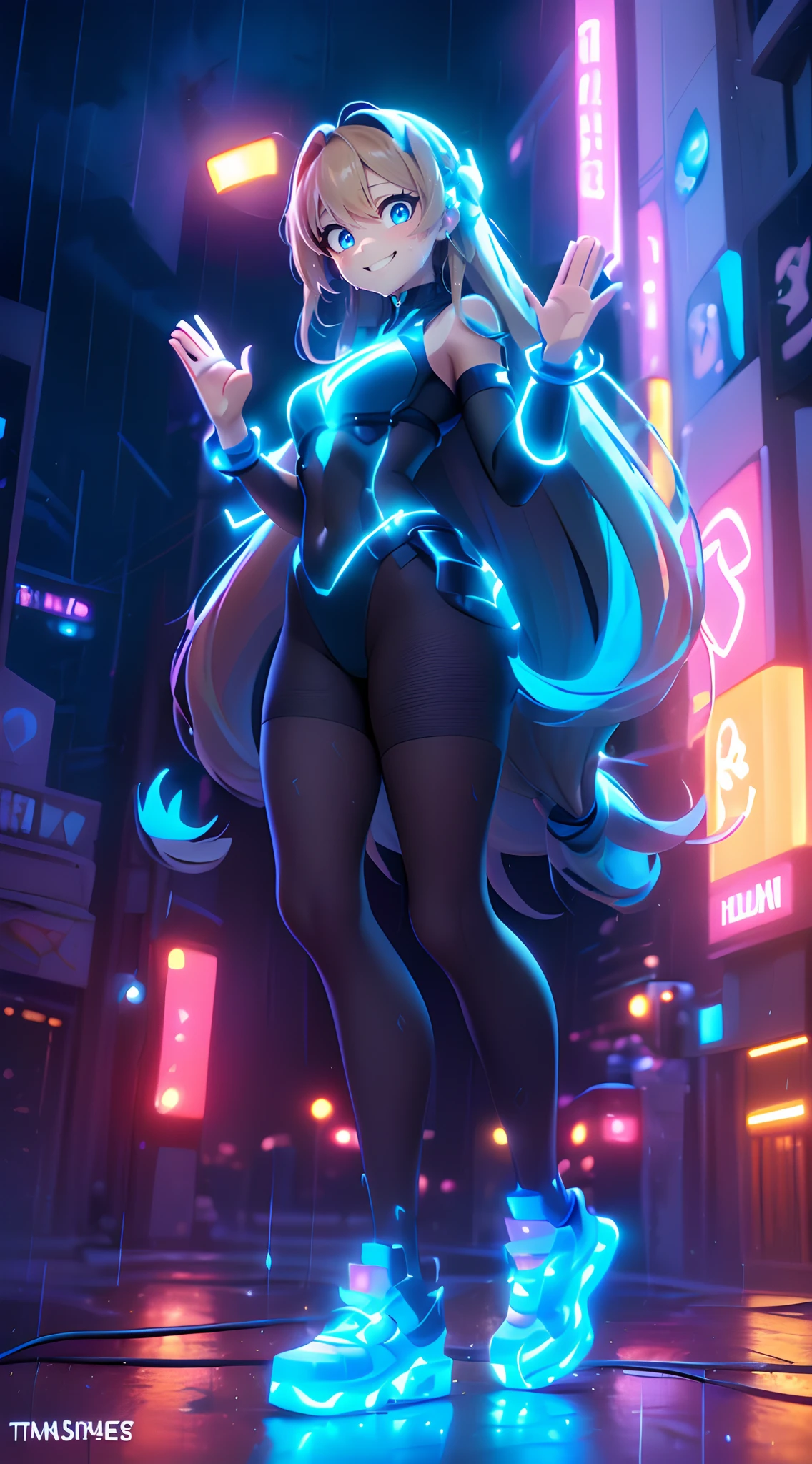 (Dynamic Angle:1.4), ((Full body posing:1.5), (Colorful:1.2), (Highly detailed CG Unity 16K wallpaper:1.1), (Denoising strength: 1.45), (tmasterpiece:1.37), ((Official art)), of the highest quality, (Realistic), Green Cyber Girl, 2 head body,Deformed Character,cute expression, (Super long hair:1.6),voluminous hair,Hair in motion,Golden hair,Glowing eyes,(blue eyess:1.2), wires, (LED:1.3), (a hologram:1.2), ((Raise your hand up:1.5)),((ssmile:1.5)),futuristic city street, Neon light, Skyscrapers, (Night:1.2), (Rain:1.2), (Rainbow Model:1.2), 8K resolution, (Anime style:1.3), Cinematic lighting, chromatic abberation, spark of light, Ray tracing, blending, ultra wide-angle,  Hasselblad, (masutepiece), (masutepiece), ((Best Quality)), ((masutepiece)), nffsw