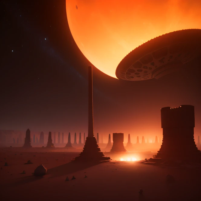 an alien base (very detailed) with several exhaust fans and chimneys in the middle of a mountainous desert, some spotlights coming out of the base to light up the dark place, (extreme night), some clouds in the night sky, some planets around to give an unknown planet air