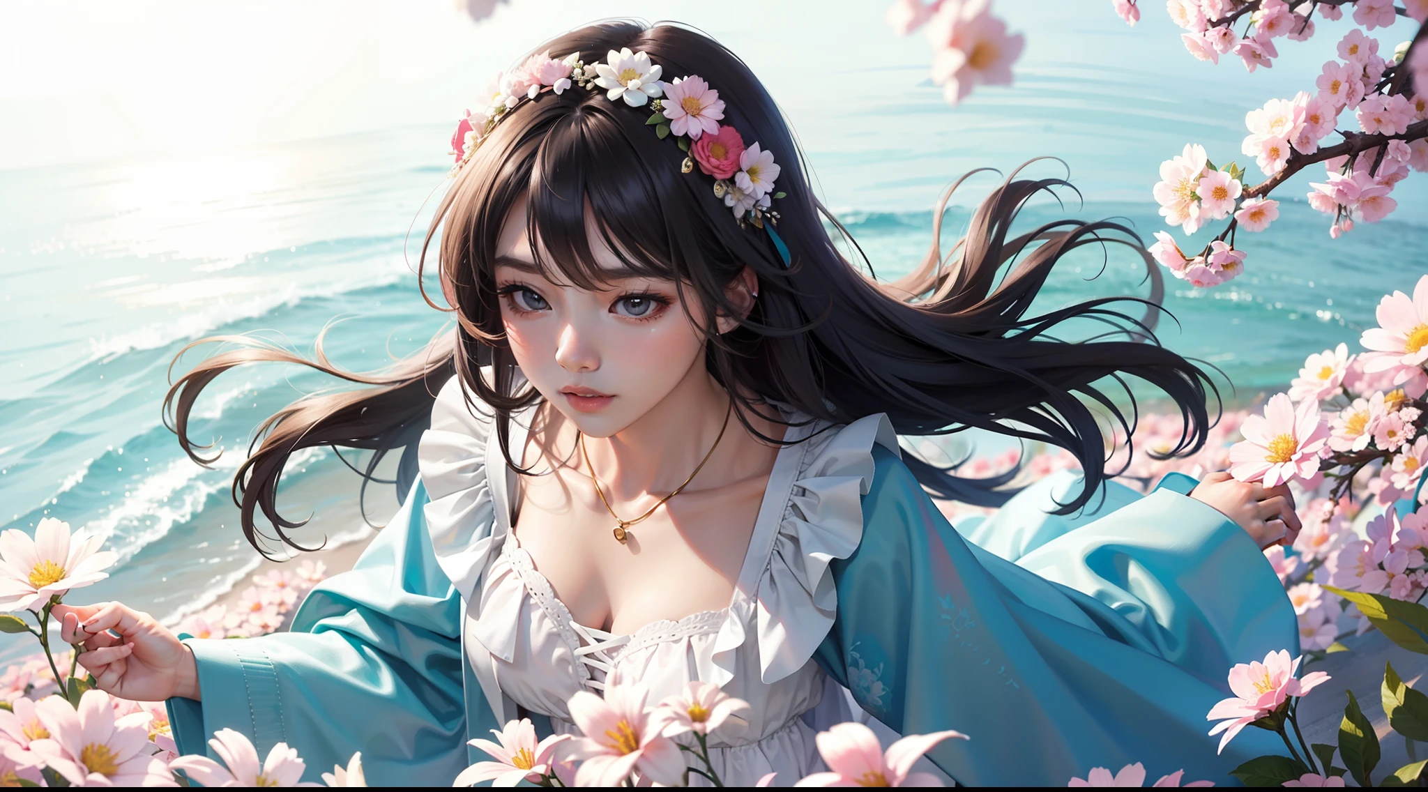 extremely detailed CG unity 8k wallpaper,best quality，noon,beautiful detailed  water，long black hair，beautiful detailed girl，serafuku,view straight on,eyeball,hair flower,close up