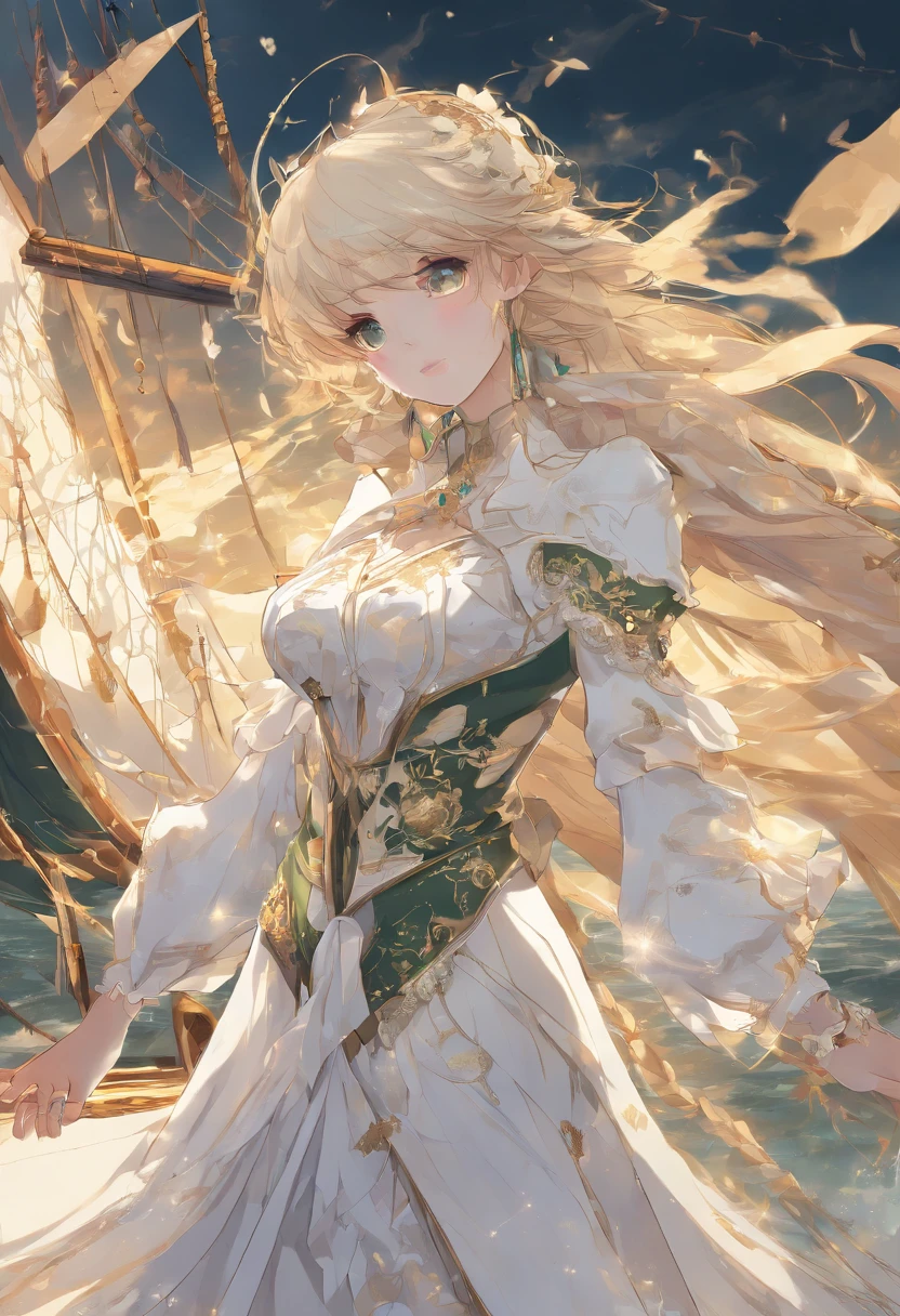 (((Masterpiece, Highest quality, High definition, High detail)))), ((((fantasy))), One, (elf woman)))), (Short white dress,gold embroidery), (Blonde hair with long straight hair), (Shiny dark green eyes), (White ruffled blouse,gold embroidery), , (((On the deck of a sailing ship at sea)), (Vast sea))), (The firmament of visible clouds)), (( Seagulls fly in the sky)), Smile, (breeze), Particles of light fly, (show boobies)