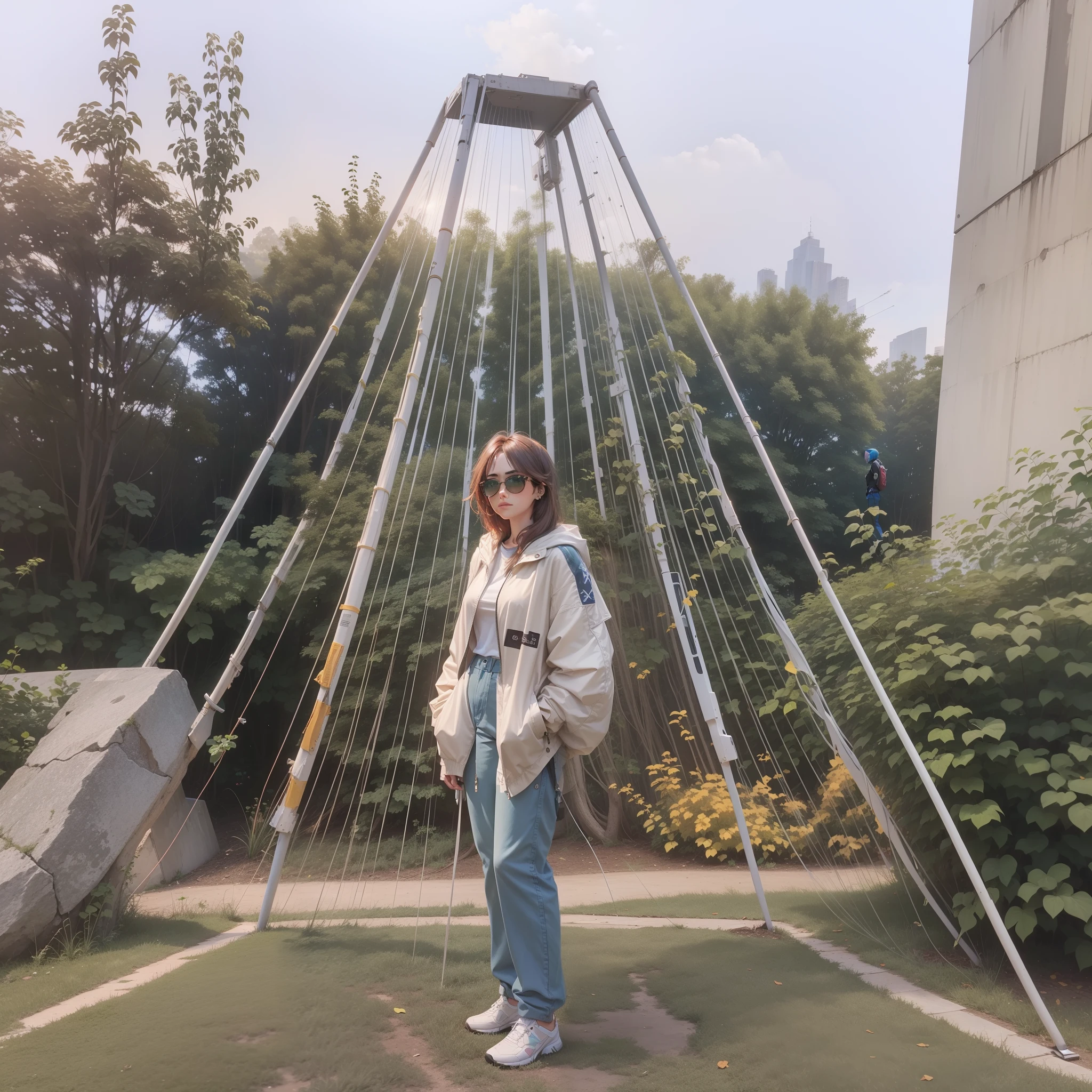a woman standing in a green space, beautiful background, she has got sunglasses, blue pants, cyber punk