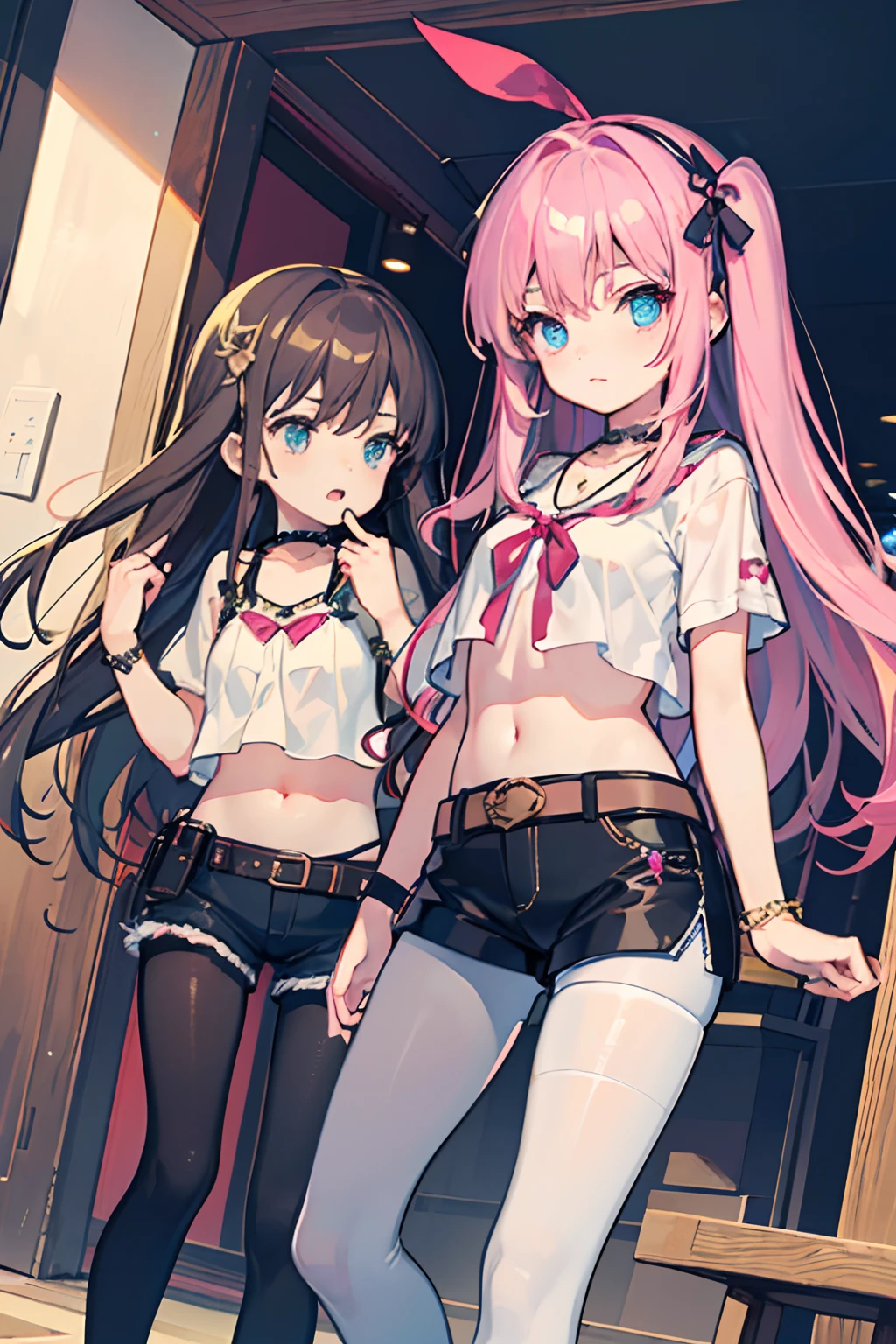 ,twins, Masterpiece,Best quality,offcial art,Extremely detailed Cg Unity 8K wallpaper, 2girls, cute female child, hair adornments, Short shorts, Crop top, ribbon_choker necklace, leg belt,Pantyhose