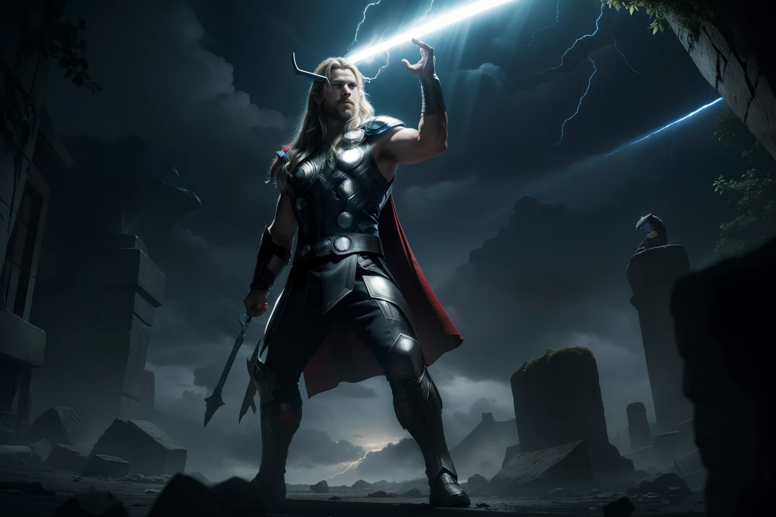 Thor levanta su martillo y rayos caen desde el cielo iluminando dramaticamente la escena, la cabeza cortada de una serpiente ensangrentada yase a sus pies