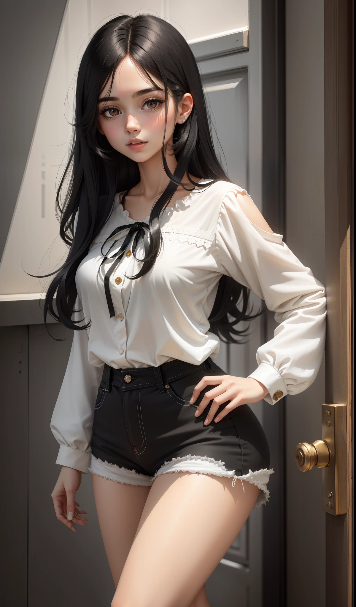 a woman in a cream coloured blouse hanging loosely on the shoulders, white ripped jeans , cute face, black converse shoes, , adult face, long slightly wavy hair, ((black hair)) and gleaming detailed vibrant black eyes, slim frame, medium breasts, long legs, beautiful face, medium butt size, small feet size, small hand size, perfect hands