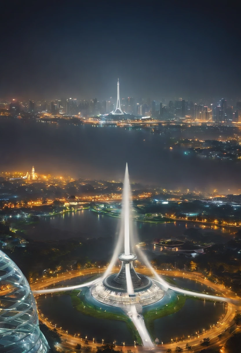 Create futuristic indonesia monas hyperealist works of art, Imagine a floating city in the sky, with complex architectural structures and advanced technology. Paint this futuristic city with a wealth of detail, capturing the bright lights, suspended platforms and flying vehicles that crisscross the skies