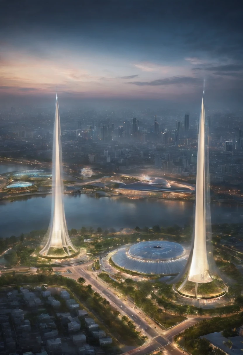 Create futuristic indonesia monas hyperealist works of art, Imagine a floating city in the sky, with complex architectural structures and advanced technology. Paint this futuristic city with a wealth of detail, capturing the bright lights, suspended platforms and flying vehicles that crisscross the skies