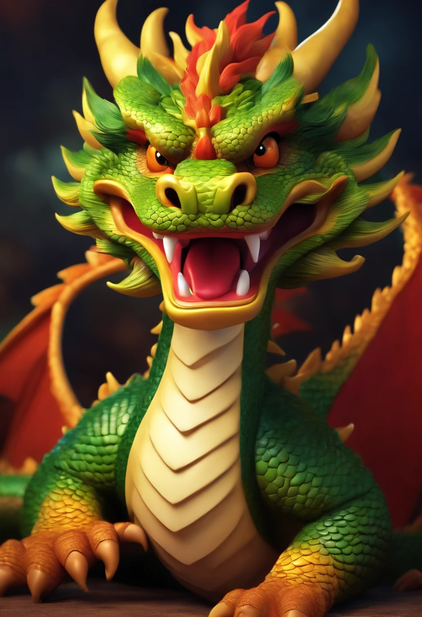 Cartoon Chinese dragon, Solid and vibrant background, Large scales, Soft lighting, Cute innocent smile expression