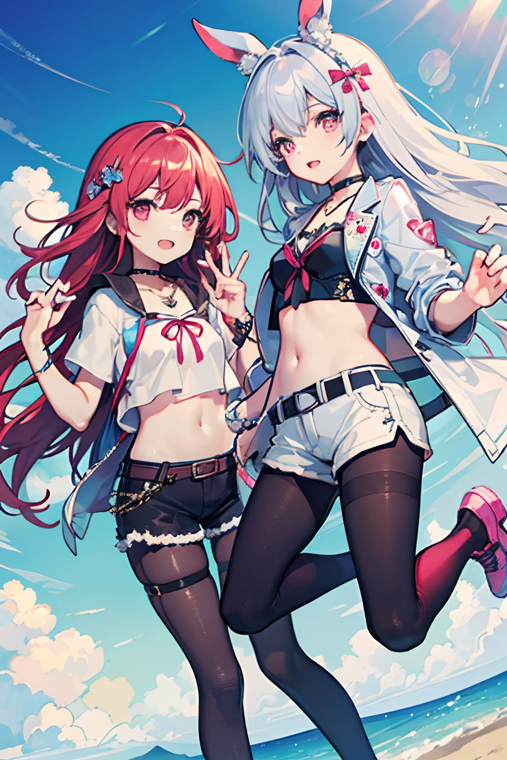 ,twins, Masterpiece,Best quality,offcial art,Extremely detailed Cg Unity 8K wallpaper, 2girls, cute female , hair adornments, Short shorts, Crop top, ribbon_choker necklace, leg belt,Pantyhose