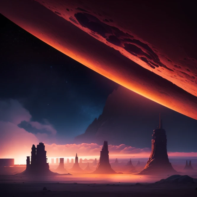 an alien base (very detailed) with several exhaust fans and chimneys in the middle of a mountainous desert, some spotlights coming out of the base to light up the dark place, (extreme night), some clouds in the night sky, some planets around to give an unknown planet air