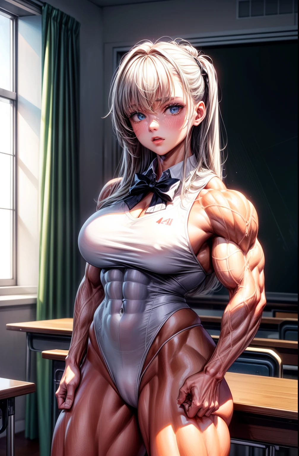 (BEST lighting) , (ultra intricately detailed) , 4K unification, (super-detailed CG: 1.2) , (8K: 1.2),(Original), (Masterpiece) , (Best quality),(Masterpiece:1.4),Anime-ish high quality,(Masterpiece),Masterpiece, Super clear picture quality，Clearer than movies，（Fine face）Best quality, absurderes,((masterpeace, 4K, 8K, Yes, A high resolution))1girll, girls，She was in the classroom，Black school uniform，white bowties，Bow knot，Ten strong abs，Perfect body proportions，standing on your feet,Exposing the abdomen， White costume,There are bulges of dense veins on the arms，Spring, Sports boots, Perfect figure, Anxious long pink hair, Dynamic pose,Legs exposed，Strong leg muscles ((body builder:1.5)),‎Classroom(Beautiful bace),(Girl),(Female),(((Upper body:1)))