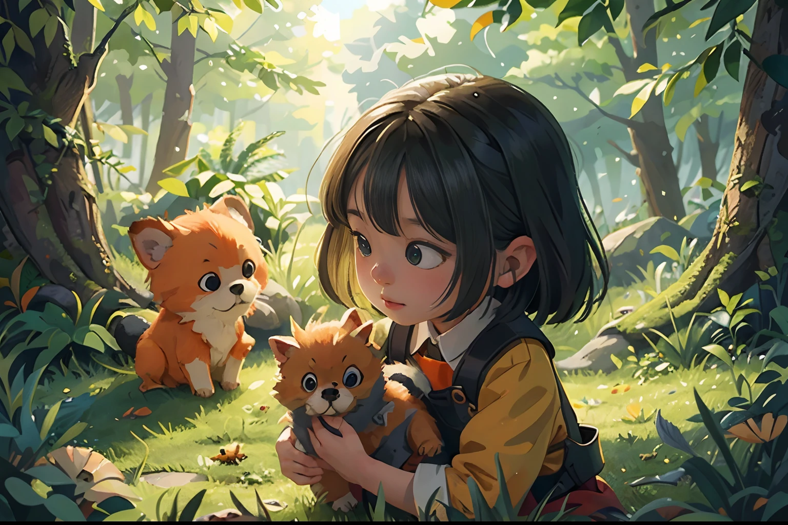 Foliage，ginko，Level，Foliage，green color，Orange colors，amarelo，illustration，high definition detail，Textured，planar，Little girl and a cute puppy，warm，Childhood，iintricate，ultra - detailed，tmasterpiece，