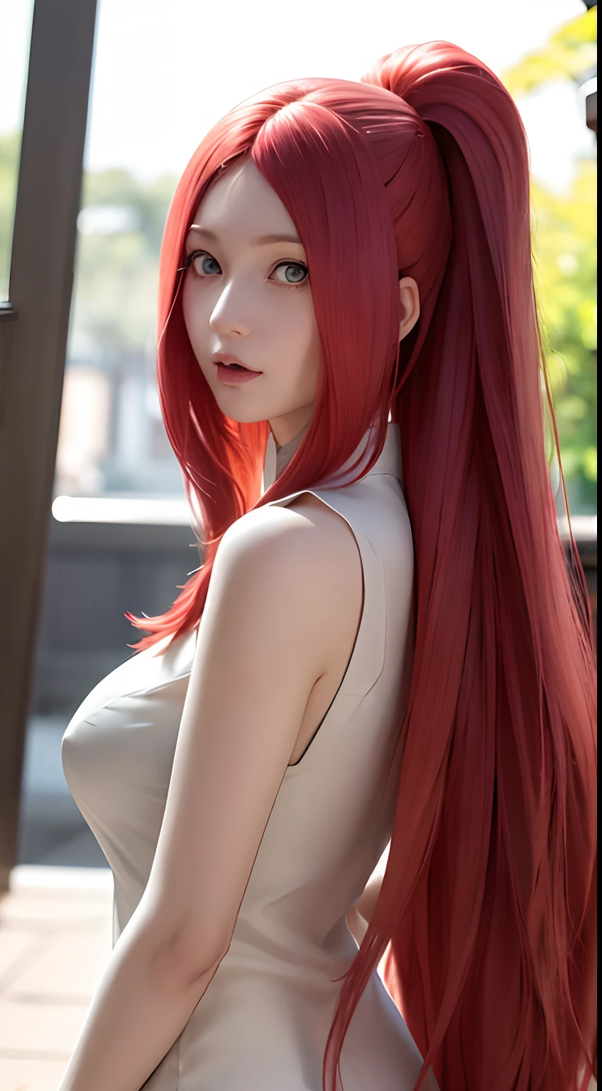 uzumaki_kushina, large_breasts, red long hair, green eyes,standing, solo, ponytail,, masterpiece, best quality, detailed face, detailed eyes, highres,