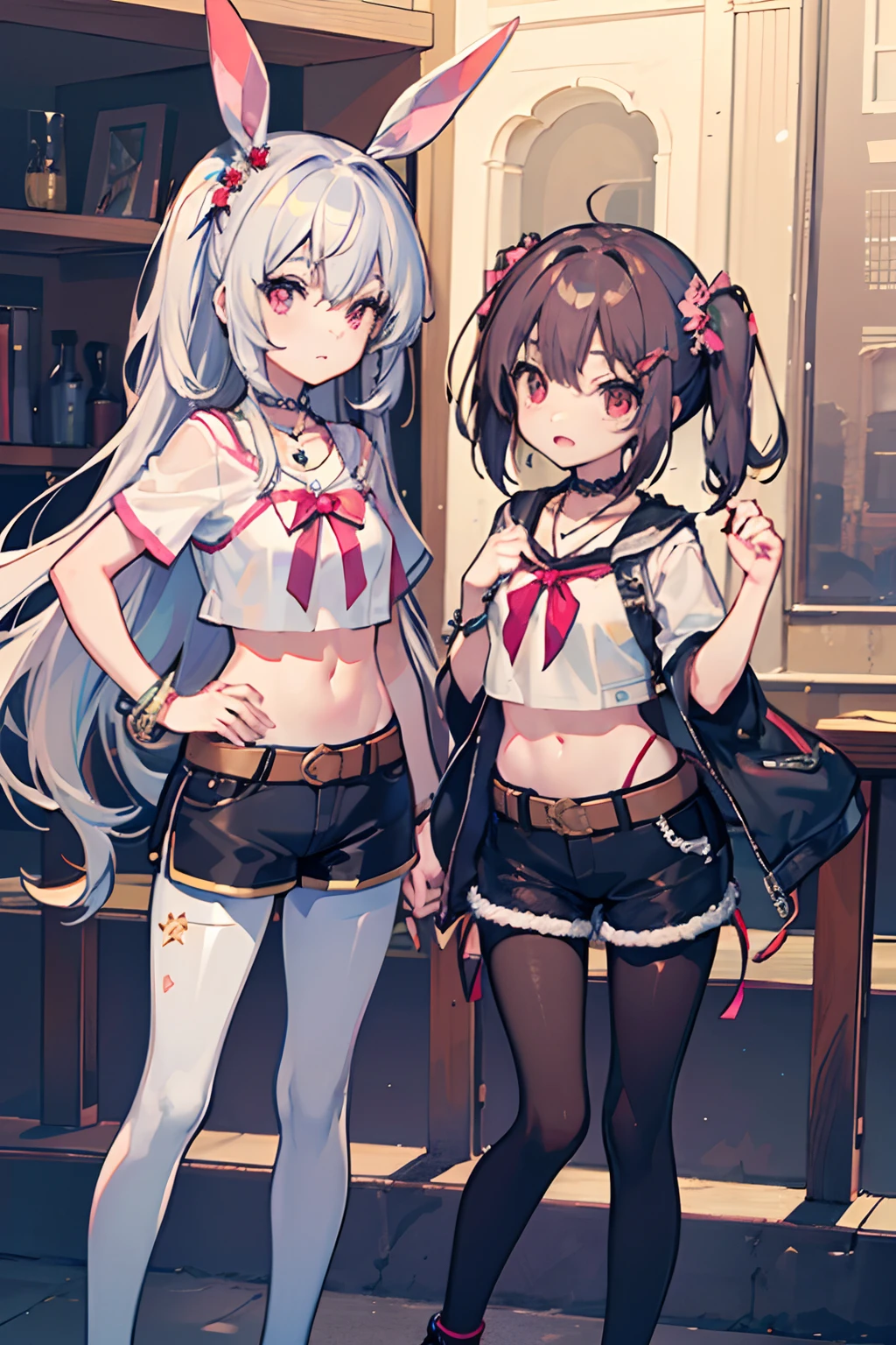 ,twins, Masterpiece,Best quality,offcial art,Extremely detailed Cg Unity 8K wallpaper, 2girls, cute female child,hair adornments, Short shorts, Crop top, ribbon_choker necklace, leg belt,