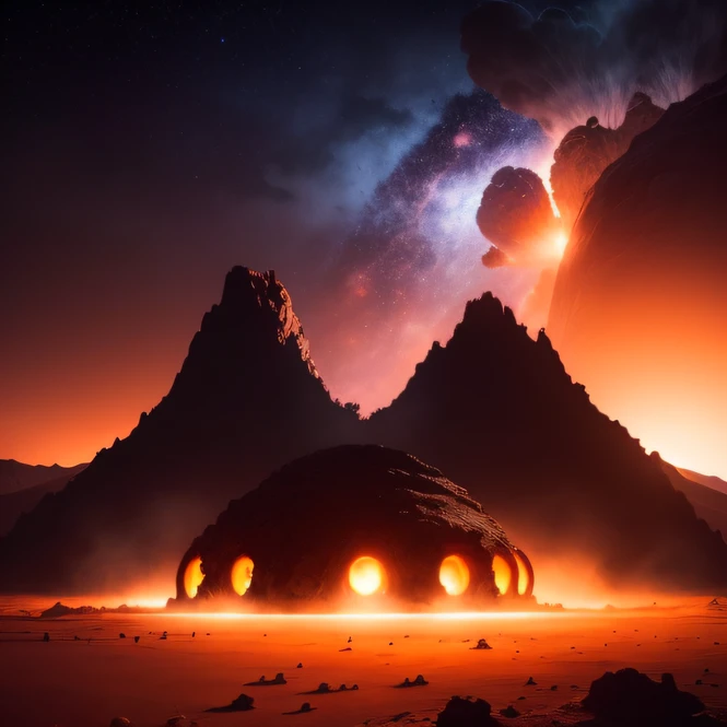 Alien base (Very detailed) In the mountainous desert there are several exhaust fans and chimneys, Some spotlights come out of the base to illuminate dark places, (Extreme nights), Some clouds in the night sky, Some of the surrounding planets give air to unknown planets，The farthest giant volcano is erupting