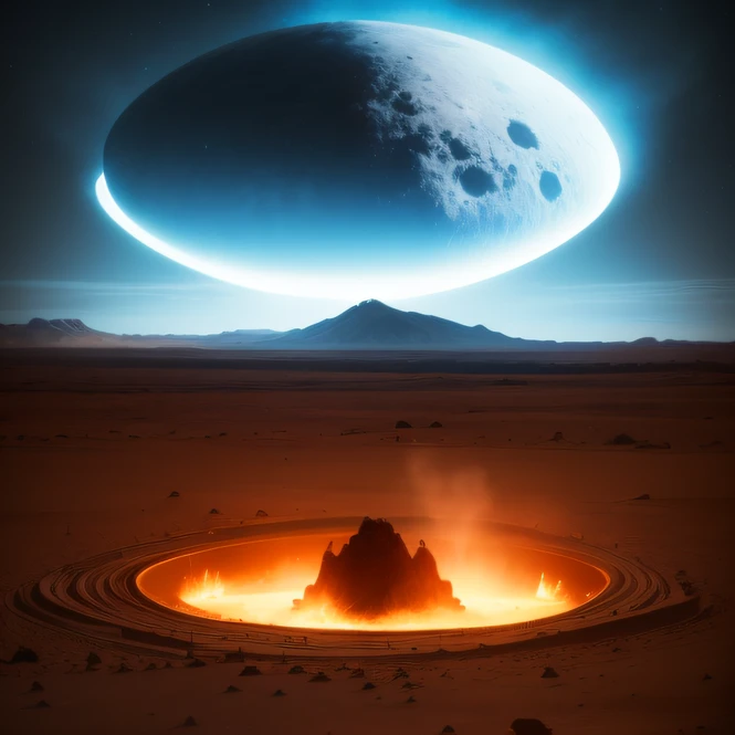 Alien base (Very detailed) In the mountainous desert there are several exhaust fans and chimneys, Some spotlights come out of the base to illuminate dark places, (Extreme nights), Some clouds in the night sky, Some of the surrounding planets give air to unknown planets,The farthest giant volcano is erupting