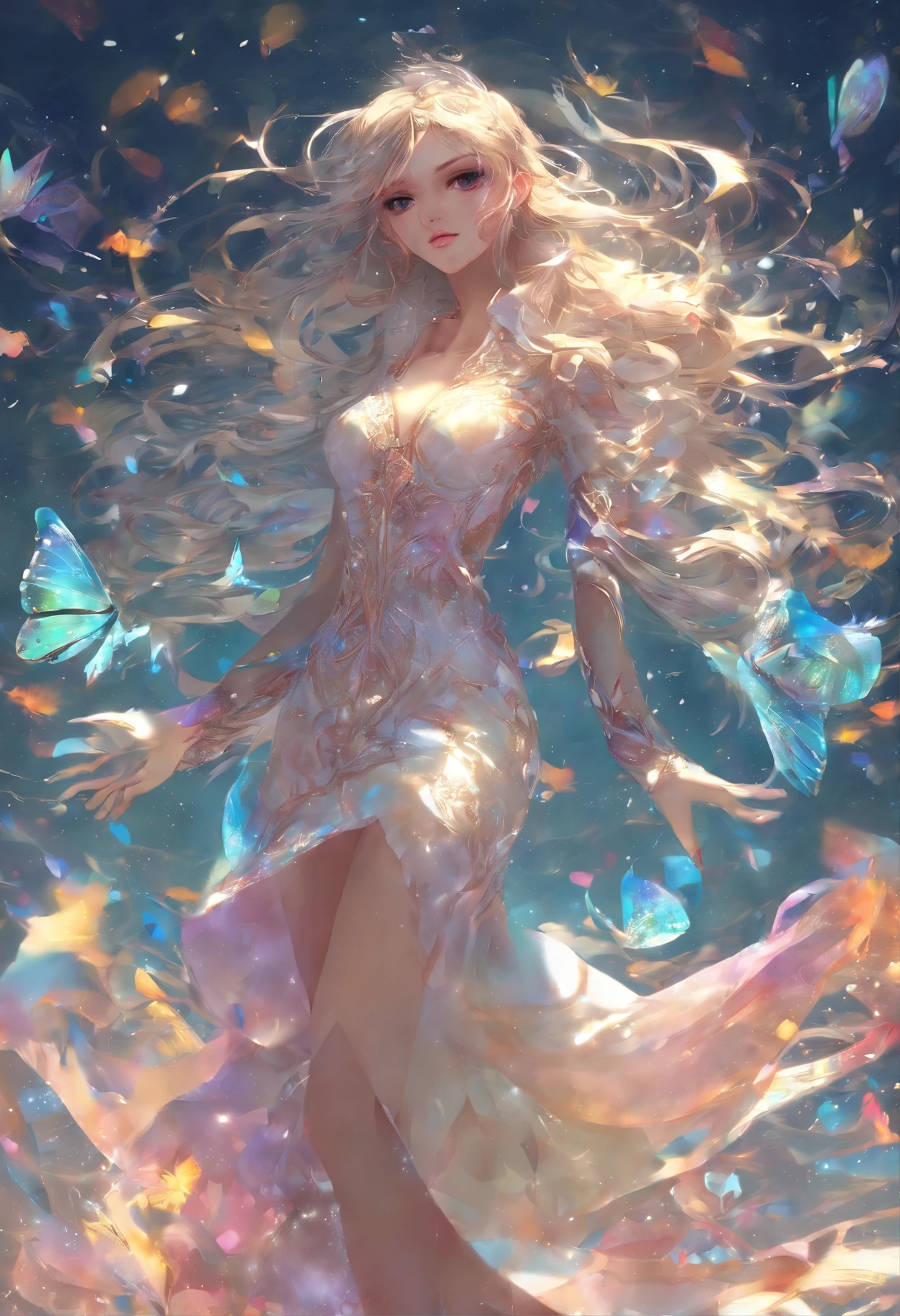 Una chica alegre con un cuerpo bonito y cabello multicolor, Miyo, con caballitos de mar y estrellas de mar (((La mejor calidad))), ((Ultra detallado)),((un extremadamente delicado y hermoso)), ((16k)), realista, Disco duro, .cgi, cabello reluciente, piel resplandeciente, Ropa reluciente, Enfoque del personaje, solamente, Dynamic Angle, Pose elegante, Luz fuerte que entra, foco nítido, illustration, hermosos ojos detallados, Guapo,((un extremadamente delicado y hermoso)), (((La mejor calidad))), ((Ultra detallado)),((un extremadamente delicado y hermoso)), ((16k)), realista, Disco duro, .cgi, cabello reluciente, piel resplandeciente, Ropa reluciente, Enfoque del personaje, solamente, Dynamic Angle, Pose elegante, Luz fuerte que entra, foco nítido, illustration, hermosos ojos detallados, Guapo,((un extremadamente delicado y hermoso)), SFW, ,piel brillante, textura,(1girl:1.3),The underwater garden: A beautiful world where colorful corals and plants create a natural paradise,and fish and other animals live in harmony, (Parte superior del cuerpo),cabello ondulado,Kakipi, sirena, Parte superior de concha marina, collar de perlas, , , , Photography style