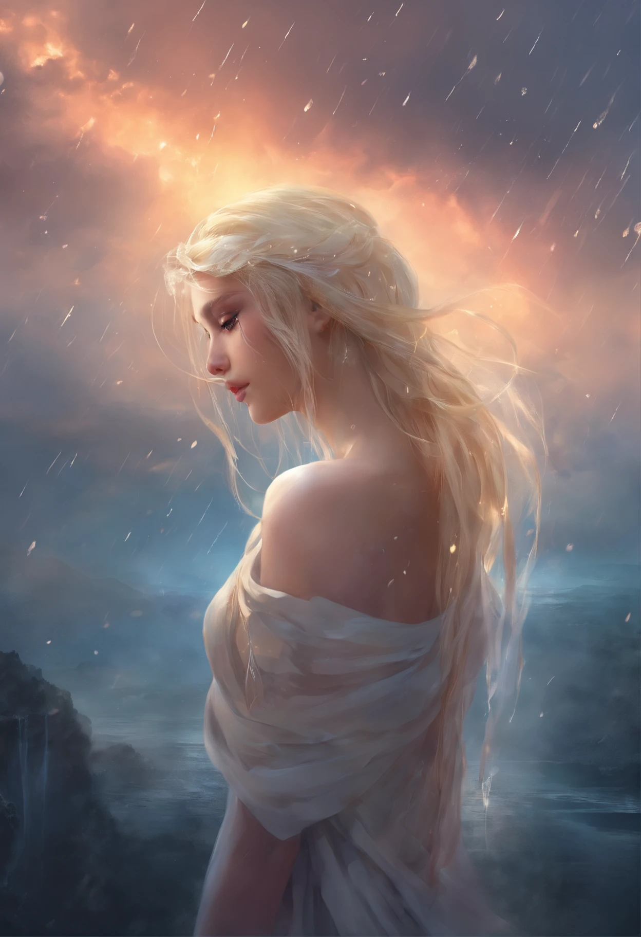Sad girl,cry,darkness,Rain sky,。.。.。.。.。.。.3D,Upscale,hard disk,a blond,is crying,with his back turned