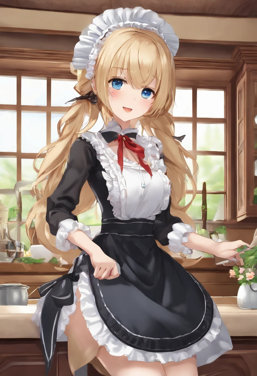 masterpeace, best quality, highres, 1girl, hayasaka ai, solo, blonde hair, maid, blue eyes, side ponytail, hair scrunchie, hair ornament, blue scrunchie, maid headdress, apron, hair between eyes, breasts, long sleeves, bangs, white shirt, black dress, sidelocks, maid apron, black pantyhose, cowboy shot,