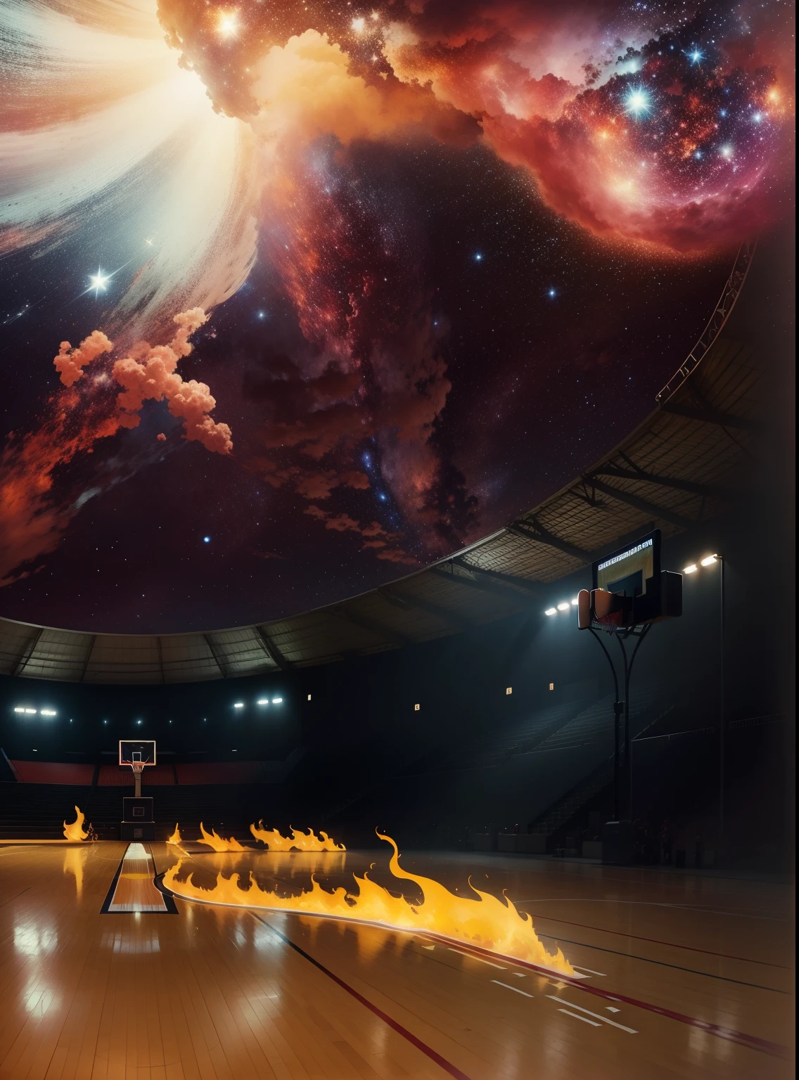 basketball court with ground on fire, stadium, Super Nova Starry Sky