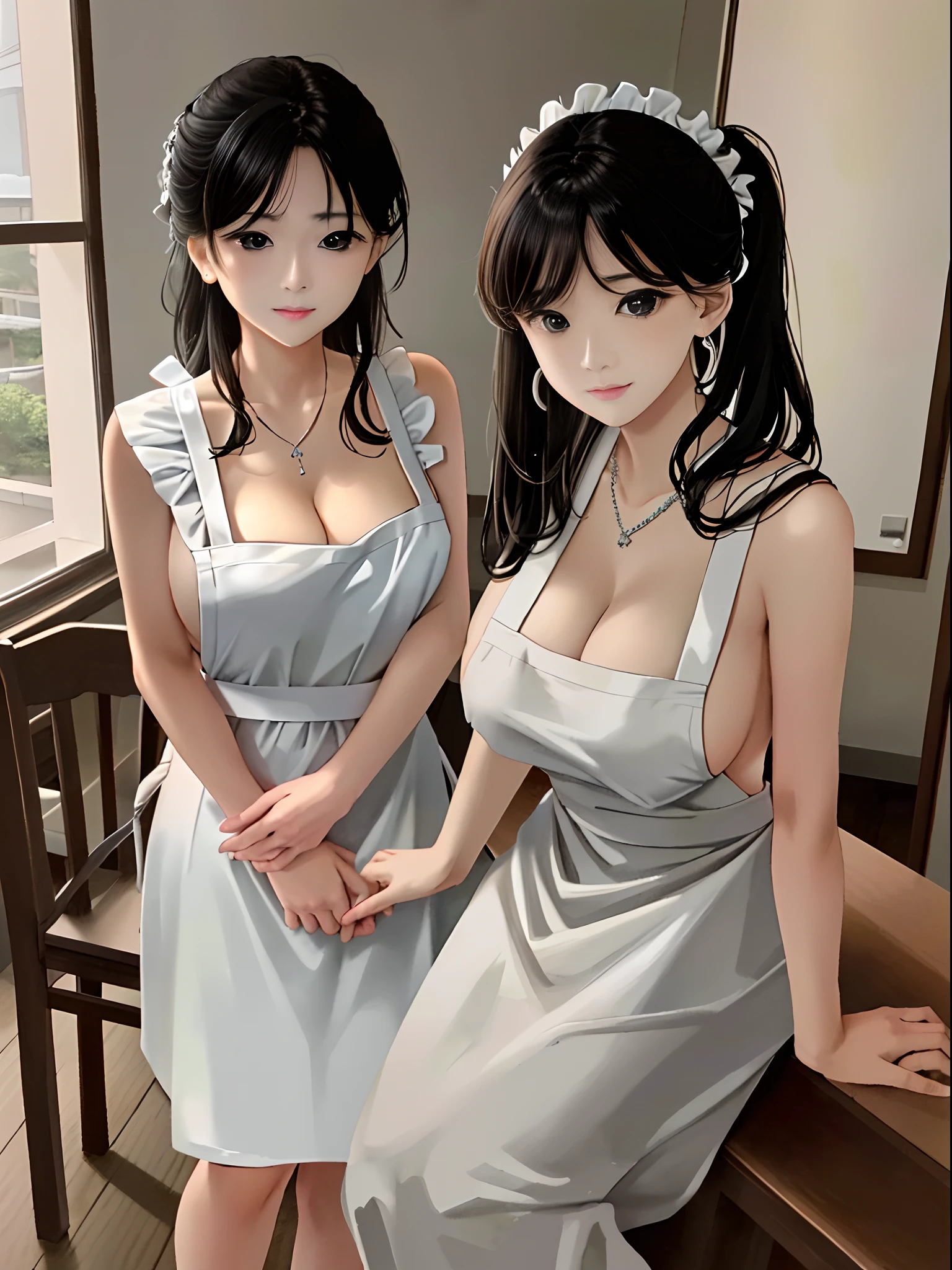 ((beautiful countenance)), Very delicate facial, the creamy smooth skin, masterpiece, (((1girl))), best qualtiy, 超A high resolution,8K、 (Photorealsitic:1.4),Colossal tits:1.2,Gentle shine,Great scene lighting,(in class room), ((Full nude and wearing a sexy apron))、(I can see the cleavage)、looking at viewert、a necklace