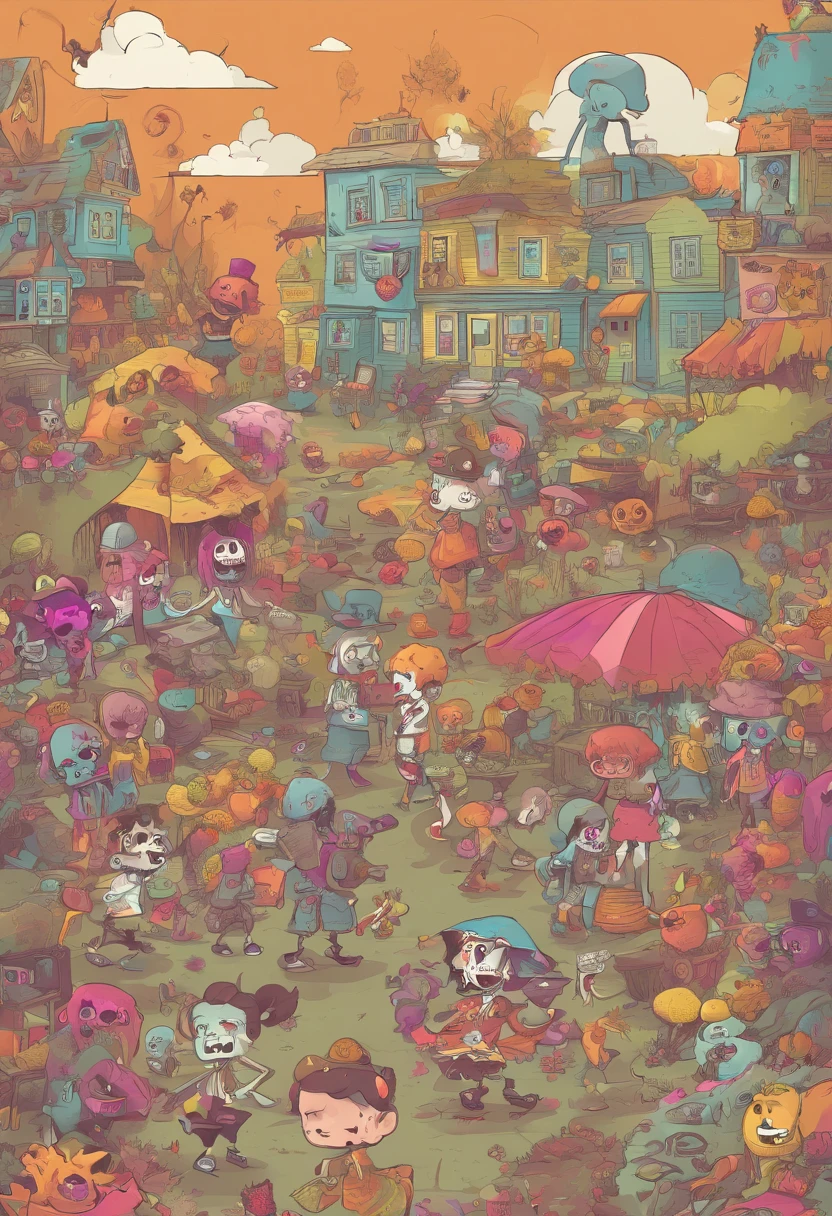 Design a one-page digital illustration that features an adorable and cheerful zombie world bursting with happy colors. Populate the scene with cute, zombified characters engaged in quirky and humorous activities, such as a zombie picnic, a dance party, or a gardening club. Infuse the entire composition with a vibrant and inviting color palette to create a fun and whimsical atmosphere that defies the typical gloom associated with zombies.