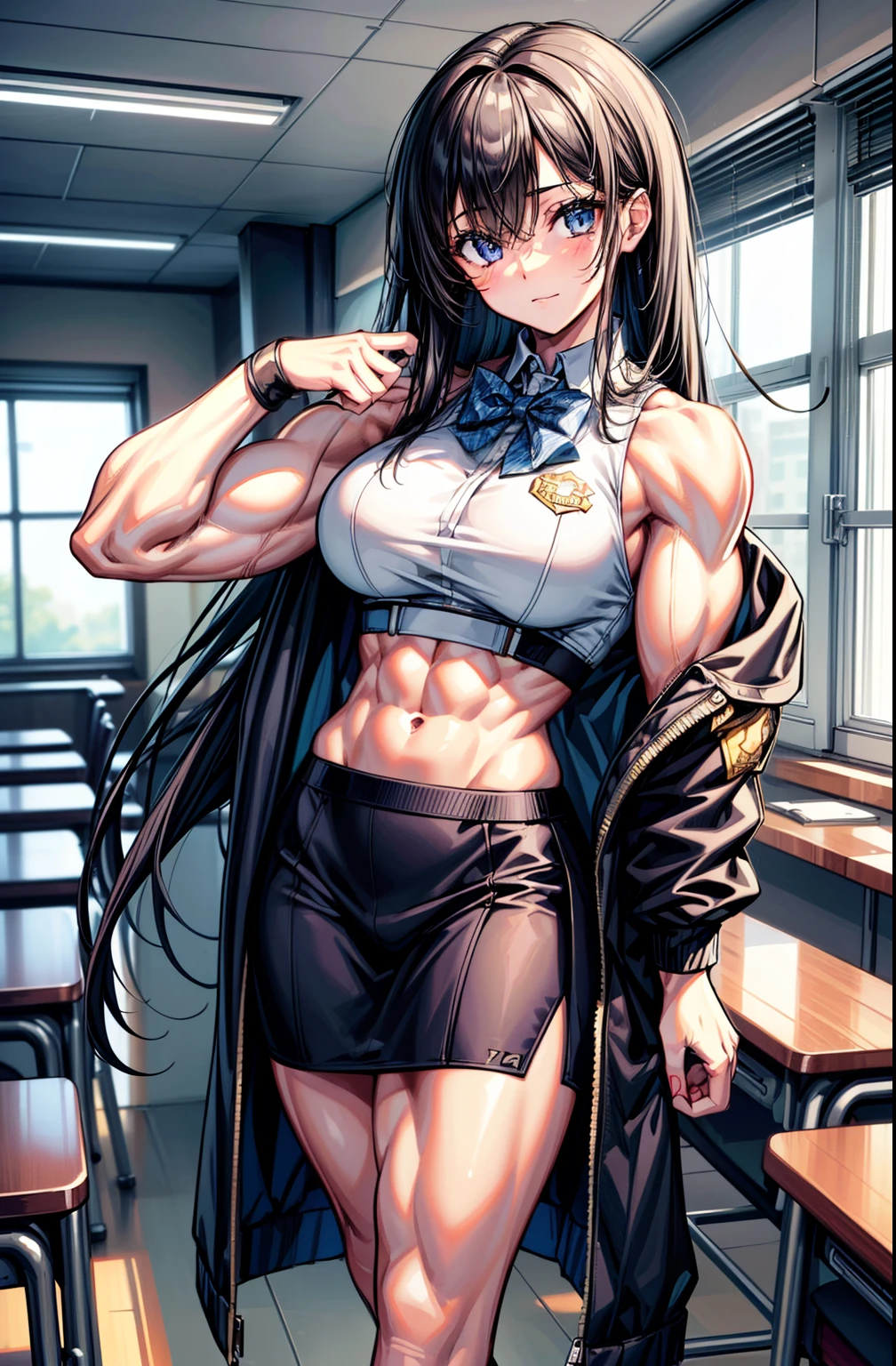 (best lighting) , (Extremely complex and detailed) , 4K unified, (Super detailed CG: 1.2) , (8k: 1.2),(original), (masterpiece) , (best quality),(masterpiece:1.4),Anime-like high quality,(masterpiece),masterpiece, Super clear picture quality,clearer than,(delicate face)best quality, absurd,((Master of Peace, 4K, 8k, Yes, high resolution))1个girl, female student,Smile,She is in the sky city,black school uniform,白色bow tie,bow tie,Ten strong abdominal muscles,perfect body proportions,Thin waist,stand up,exposed abdomen, White clothes,dense, Raised veins on arms,spring, Sports boots, Perfect body, Anxious white and black hair, dynamic poses,legs exposed,Strong leg muscles ,Eight pack abs in shorts,clear abdominal muscles,Abdominal veins are carved into the abdominal muscles,Strong abdominal muscles Exaggerated abdominal muscles,Thick and firm abdominal muscles,Absolutely unparalleled abs,Abdominal muscles are very toned,腹肌bodybuilder之间的深沟:1.5))((bodybuilder:1.5)),Classroom(beautiful bass),(girl),(Miss),(((Upper body:1)))