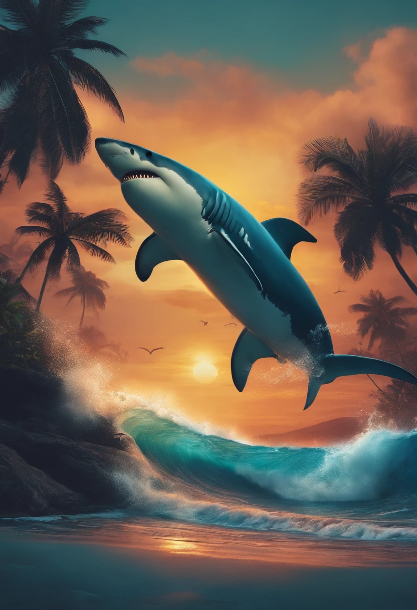 crie um megalodon invadindo uma cidade pela praia