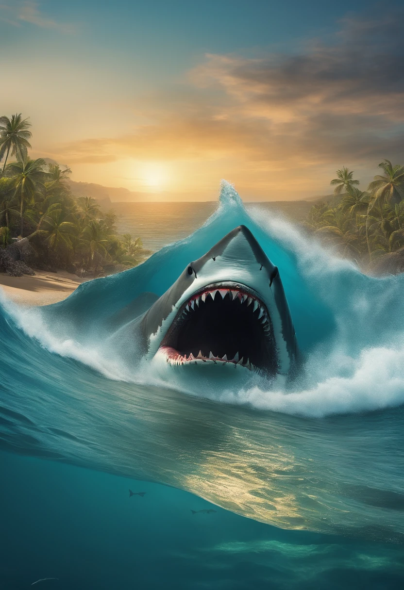 crie um megalodon invadindo uma cidade pela praia