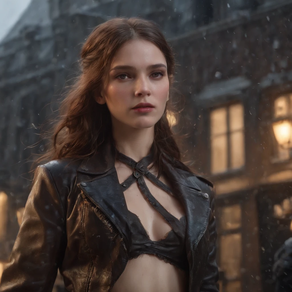 (Rendu 3D professionnel:1.3) de (Realstic:1.3) The most beautiful art photo in the world,Contains sweet and bright female heroin, ((Wet epic heroine)), Rendering the 8K unit of the whole body, action SHOT, pores de la peau, Very dark lighting, ombrage lourd, detailded, face detailed, (vibratoire, Realistic Photography, Realstic, dramatique, Sombre, mise au point nette, 8k), (Old leather clothes damaged by the weather:1.4), ((((Utiliser des skins)))), (complexe:1.4), decadent, (highly detailed:1.4), digital painting, rendu par octane, Art stations, Concept-Art, lisse, mise au point nette, illustration, Germ of art, (loish:0.23), WLOP Ilya Kuvshinov, e Greg Rutkowski et Alphonse Mucha Gracias, (Illumination globale, Studiolight, Lightweight volumetric), fortes pluies, particules flottantes, fripon, Fantaisie, Notre, Corps inteiroesbien, ((Dark and ancient background of the city:1.3)),CGSesociedade,Art stations