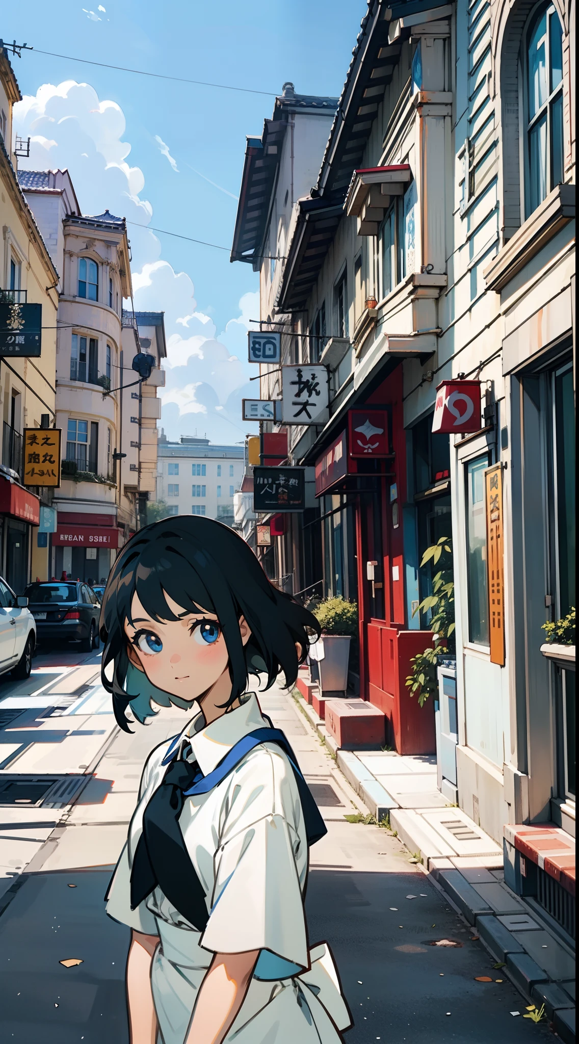 The girl wears a white shirt on her upper body，Short black hair，Realistic lighting，with blue sky and white clouds，clear skies，beauitful face，Delicate makeup，8K，Ultra-clear，High-quality graphics，infinite details，style of anime，A gentle breeze，the street，looks into camera，frontage，ssmile，adolable，is shy，Black tie