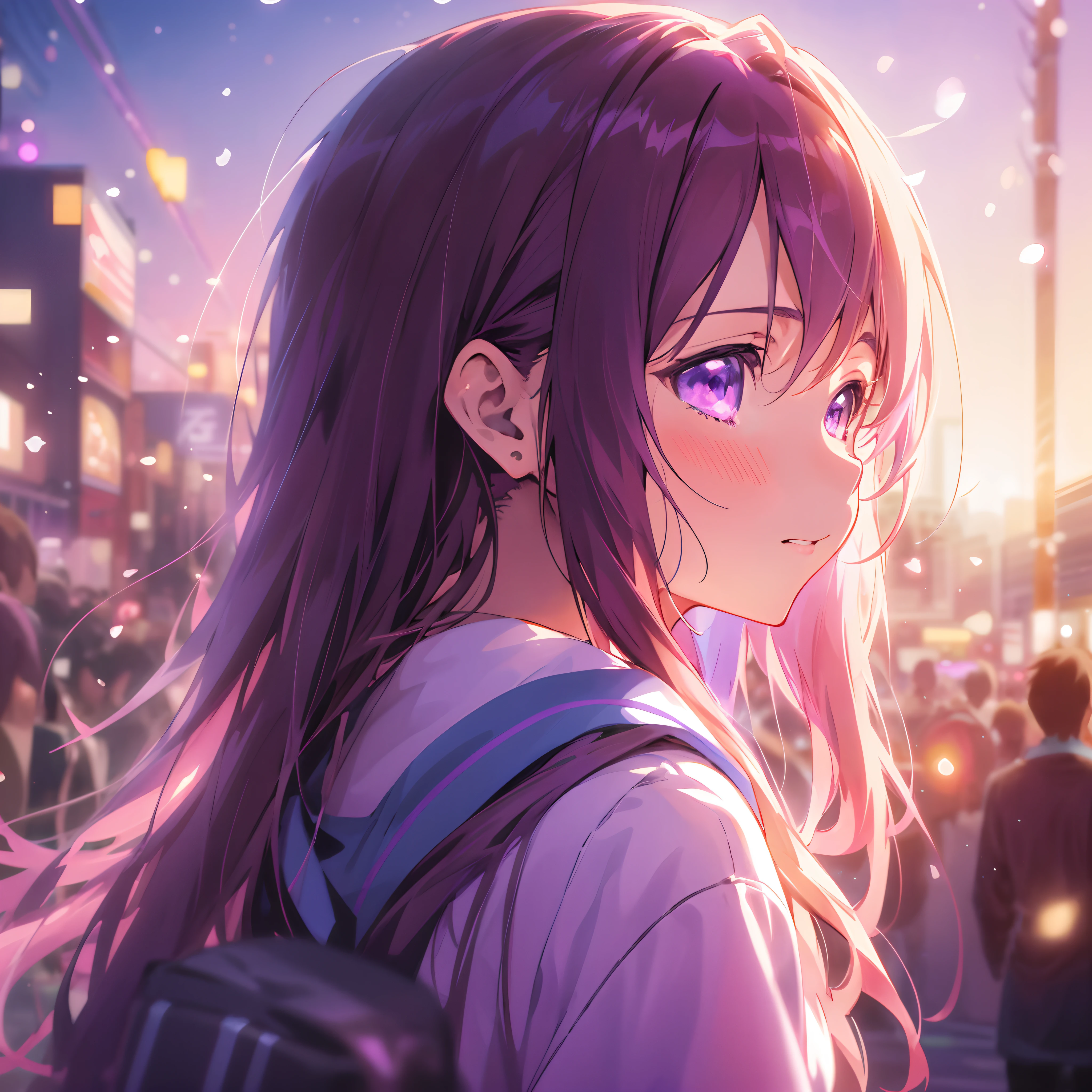 Anime girl with long hair and purple eyes looking at the crowd, anime style 4 k, Smooth Anime CG Art, 4k anime wallpaper, anime wallpaper 4k, anime wallpaper 4 k, anime art wallpaper 4k, anime art wallpaper 4k, Anime art wallpaper 8k, Beautiful Anime Portrait, By Shinkai Makoto. a digital rendering