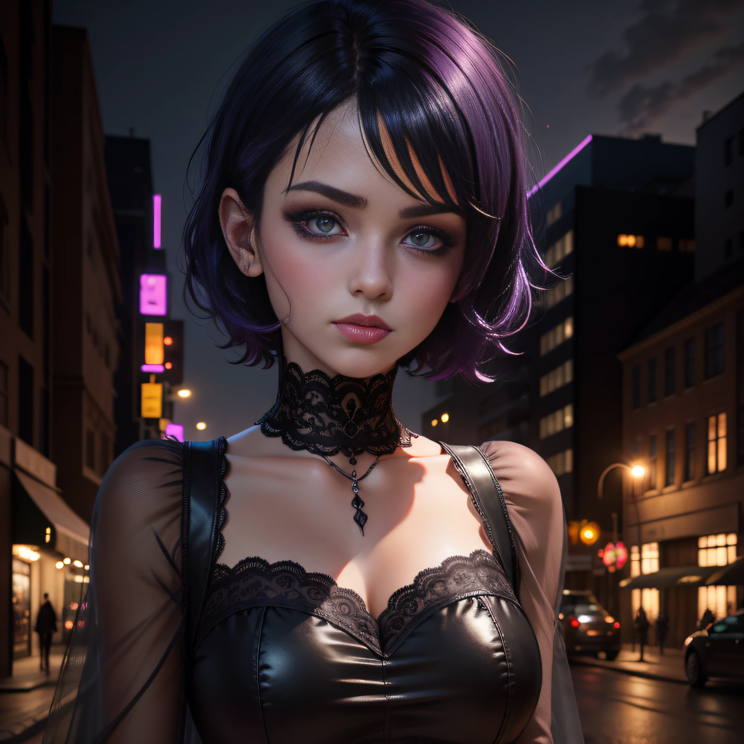 gothic girl, teen, 4k, semirealistic, purple eyes, short hair, black hair. portrait, night scene, city backgroud