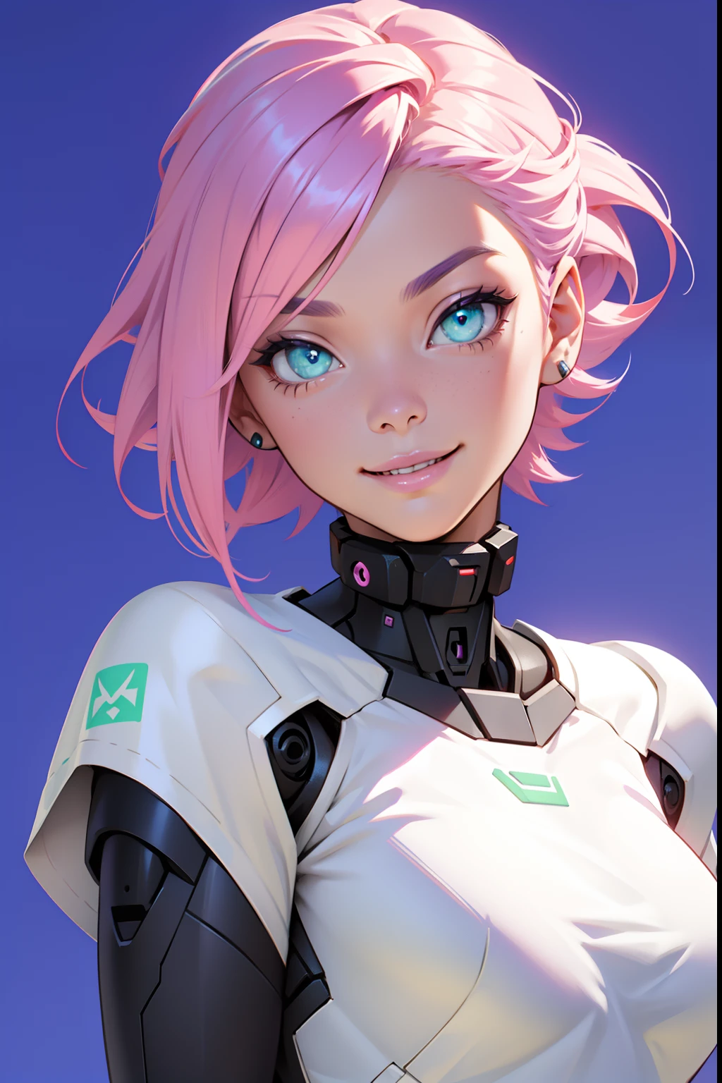 a robotic fantasy girl with robotic face, pink hair style, wearing a white t shirt, happy face and little smile with blue lips, big green eyes, simple purple background, make it for NFT market