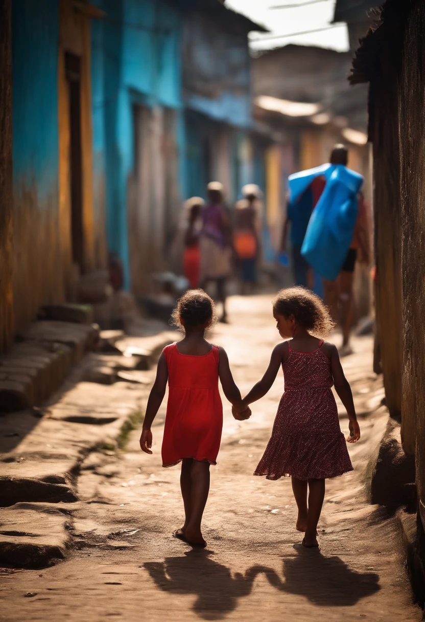 girl and old girl walking slum brazil, realistic photo, perfect quallity image