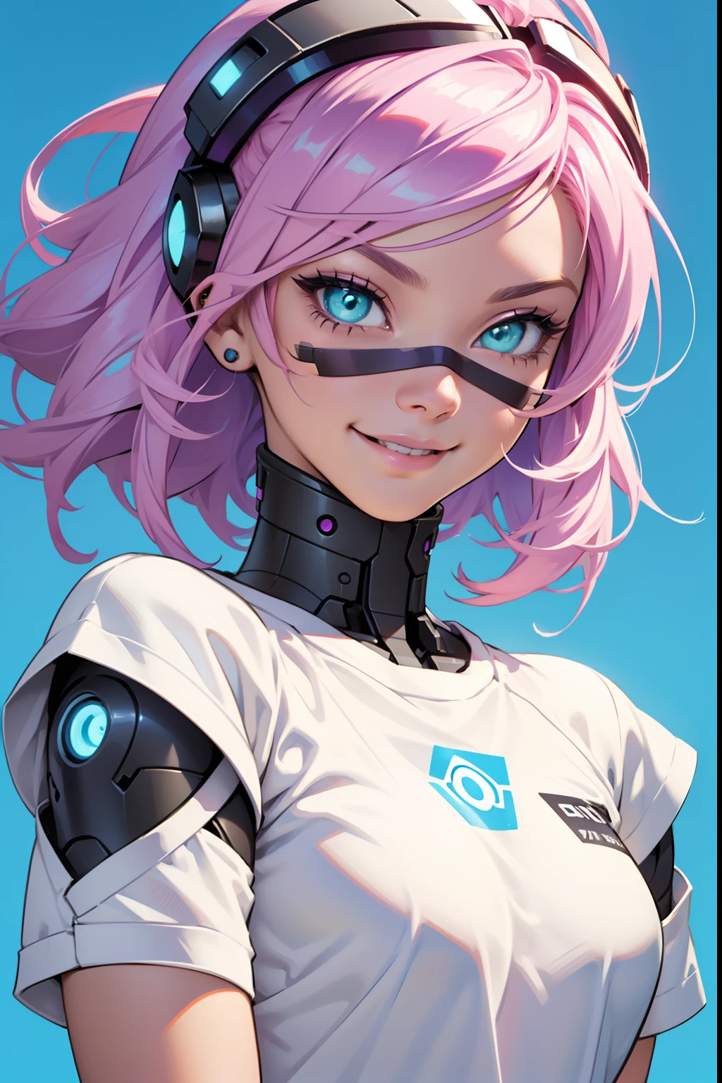 a robotic fantasy girl with robotic face, pink hair style, wearing a white t shirt, happy face and little smile with blue lips, big green eyes, simple purple background, make it for NFT market