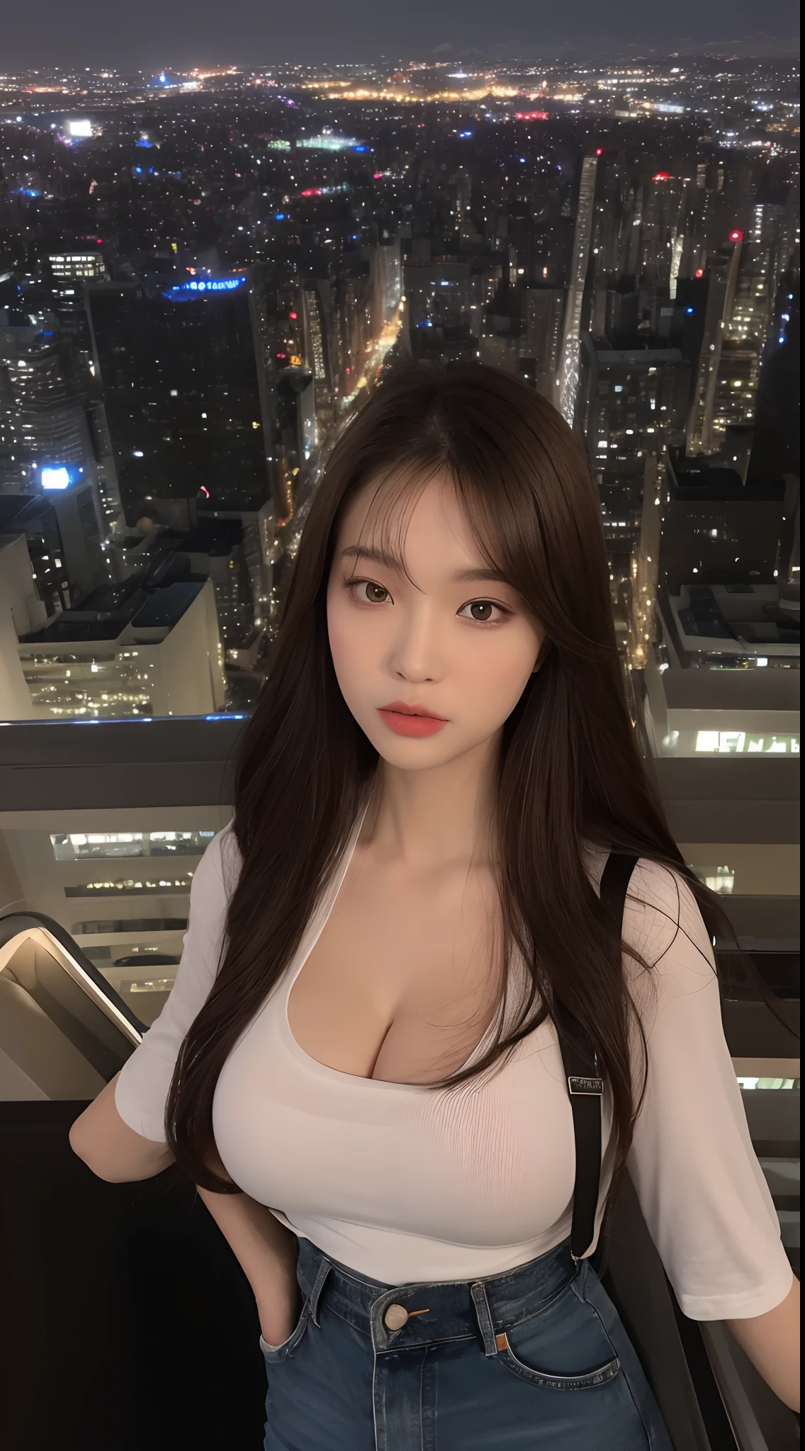 ((Midnight, Best quality, 8k, Masterpiece :1.3)), Whole body, Long legs, Sharp focus :1.2, A pretty woman with perfect figure :1.4, Slender abs :1.1, ((Dark brown hair, Big breasts :1.2)), (White tight tshirt busty and sexy, Jean bib, Standing:1.2), ((Night city view, Rooftop:1.3)), Highly detailed face and skin texture, Detailed eyes, Double eyelid