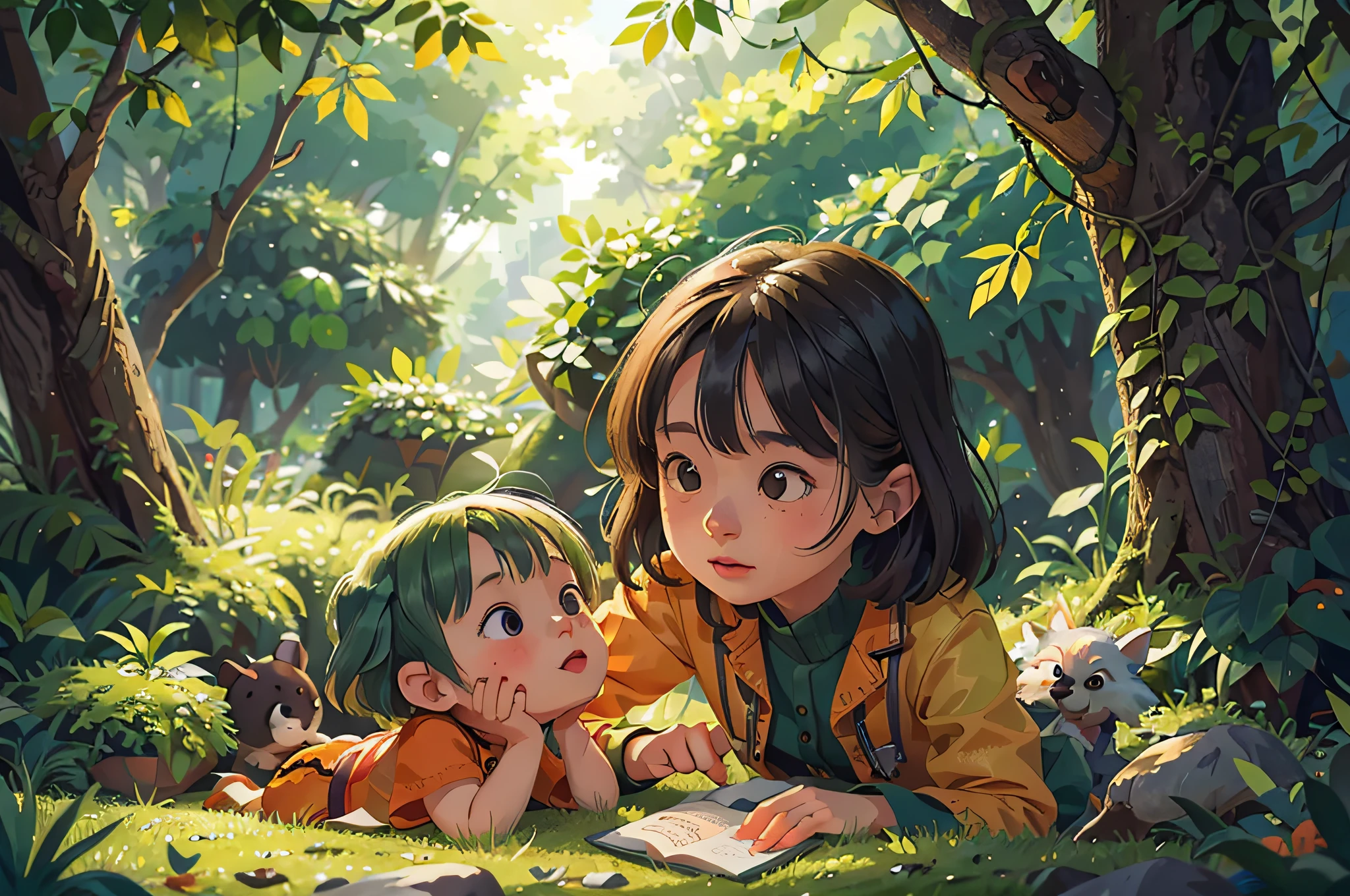 Foliage,ginko,Level,Foliage,green color,Orange colors,amarelo,illustration,high definition detail,Textured,planar, girl and a cute puppy,warm,Childhintricate,ultra - detailed,tmasterpiece,
