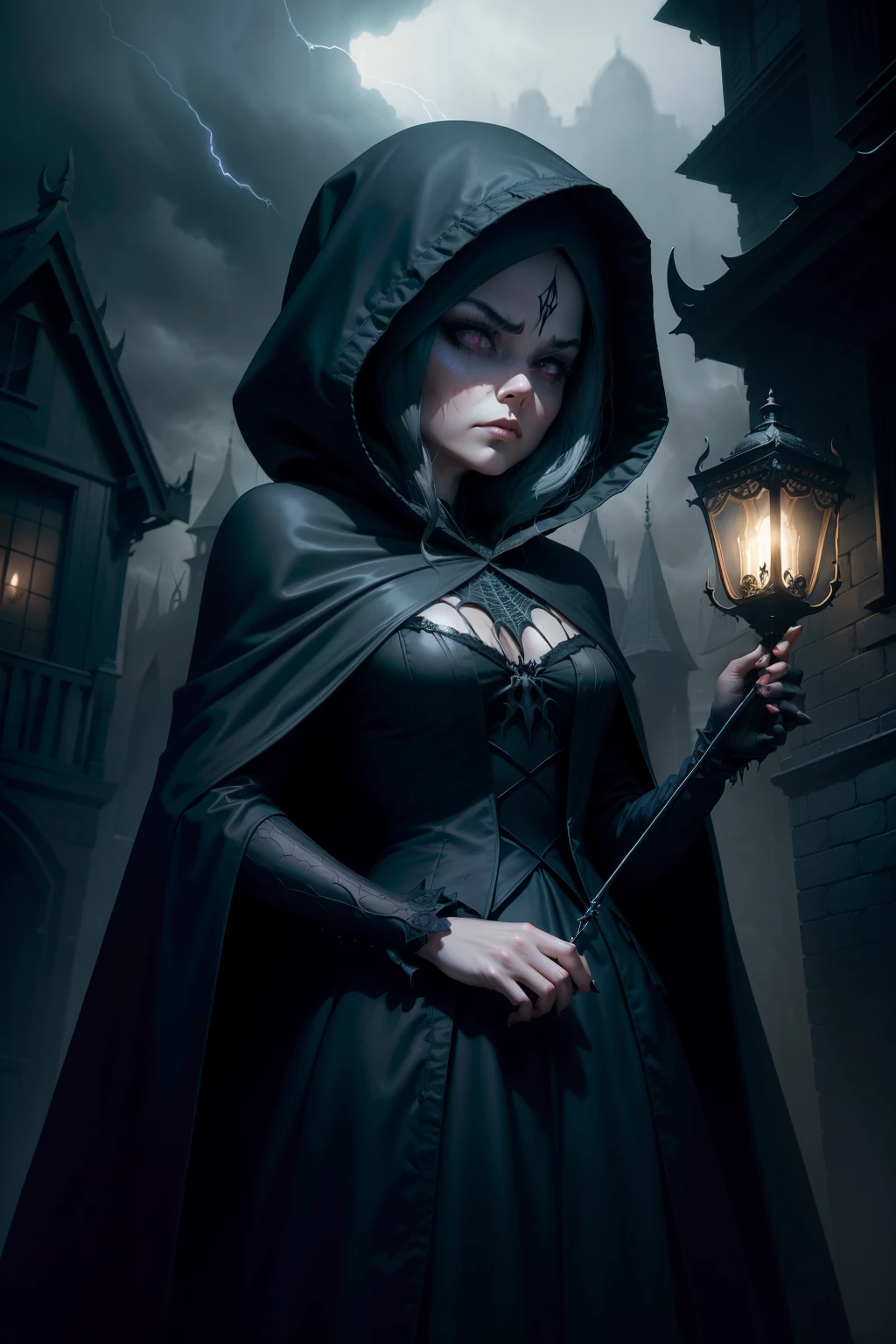 A dark and mysterious woman, dressed in dark robes with a hood, and a spider web cape, background is dark storm clouds, mood is apprehensive, frustrating, ambiguous, inscrutable, eerie night time light, character design, art by Mark Ryden, Greg Simkins, Jason Limon, Dan Quintana.