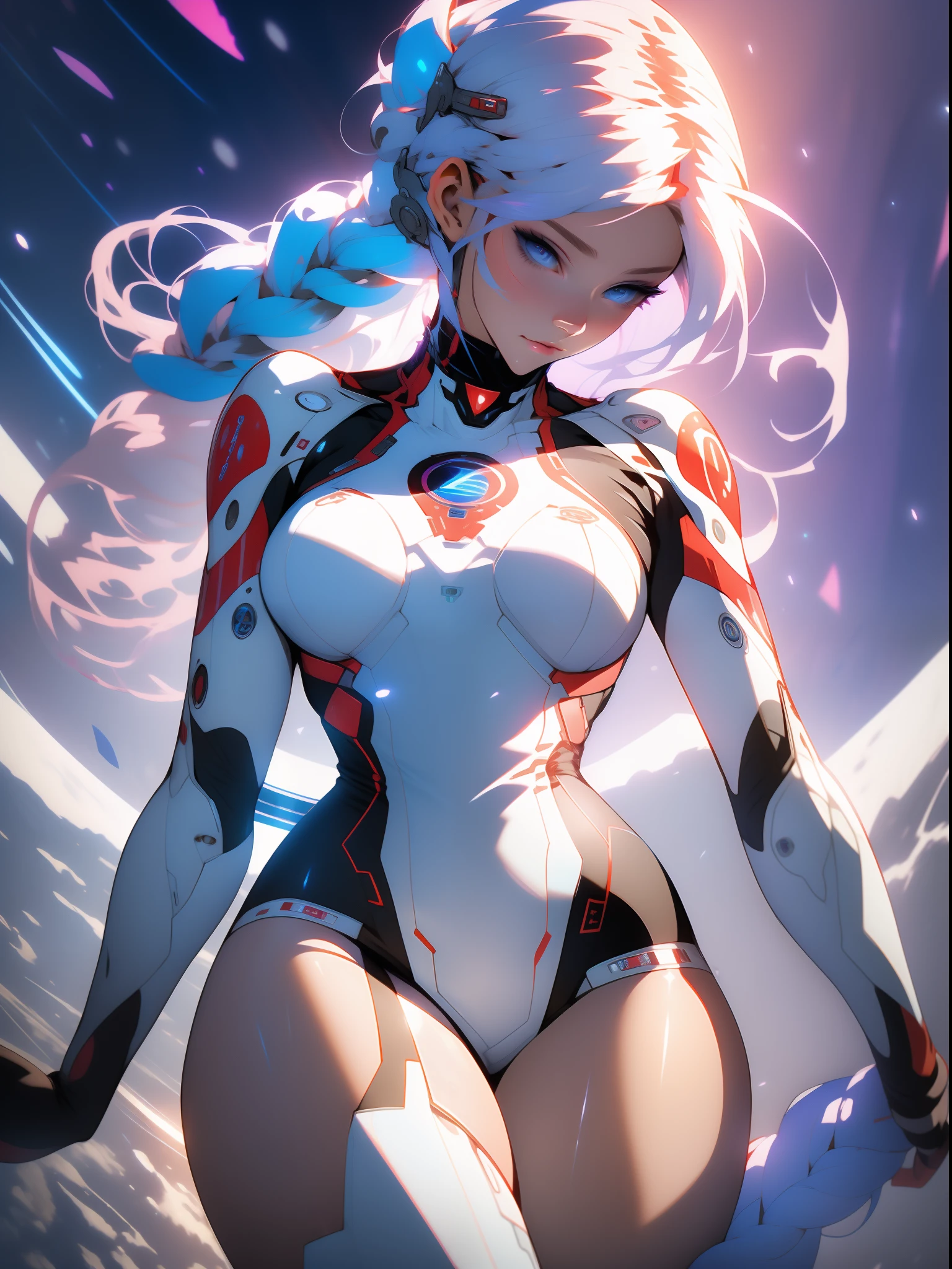 ((Best quality)), ((Masterpiece)), (Detailed: 1.4), (Absurd), War-ready female fighter pilot, Dark skin, flash dc comics, Lightning and lightning, muscular sculptural body defined, full bodyesbian, half-thick naked thighs, Closed mouth, muscular body covered in technological clothing, Neon Genesis Evangelion style, Cyberpunk, generous neckline, ((perfect medium breasts)), (Ultra-light blue eyes，No Pupil),  ((white and dark red clothing)), (((white hair with braid))), long eyelashes heavy makeup, a garter belt, By Mucha, niji --V5, near the real, psychopathic, Crazy face, Sexy pose, background with a giant head of Genesis evangelion neon style robot, 2 piece clothing, shoulder pads with airplane wings, Pastel, Centered, Scale to fit the dimensions, hdr (HighDynamicRange), Ray tracing,NVIDIA RTX,Hyper-Resolution,Unreal 5,Subsurface dispersion, PBR Texture, Post-processing, Anisotropic filtering, Depth of field, Maximum clarity and sharpness, Many-Layer Textures, Albedo and specular maps, Surface Coloring, Accurate simulation of light-material interaction, Perfect proportions, rendering by octane, Two-tone lighting, Wide aperture, Low ISO, White balance, Rule of thirds, 8K raw data, crysisnanosuit
