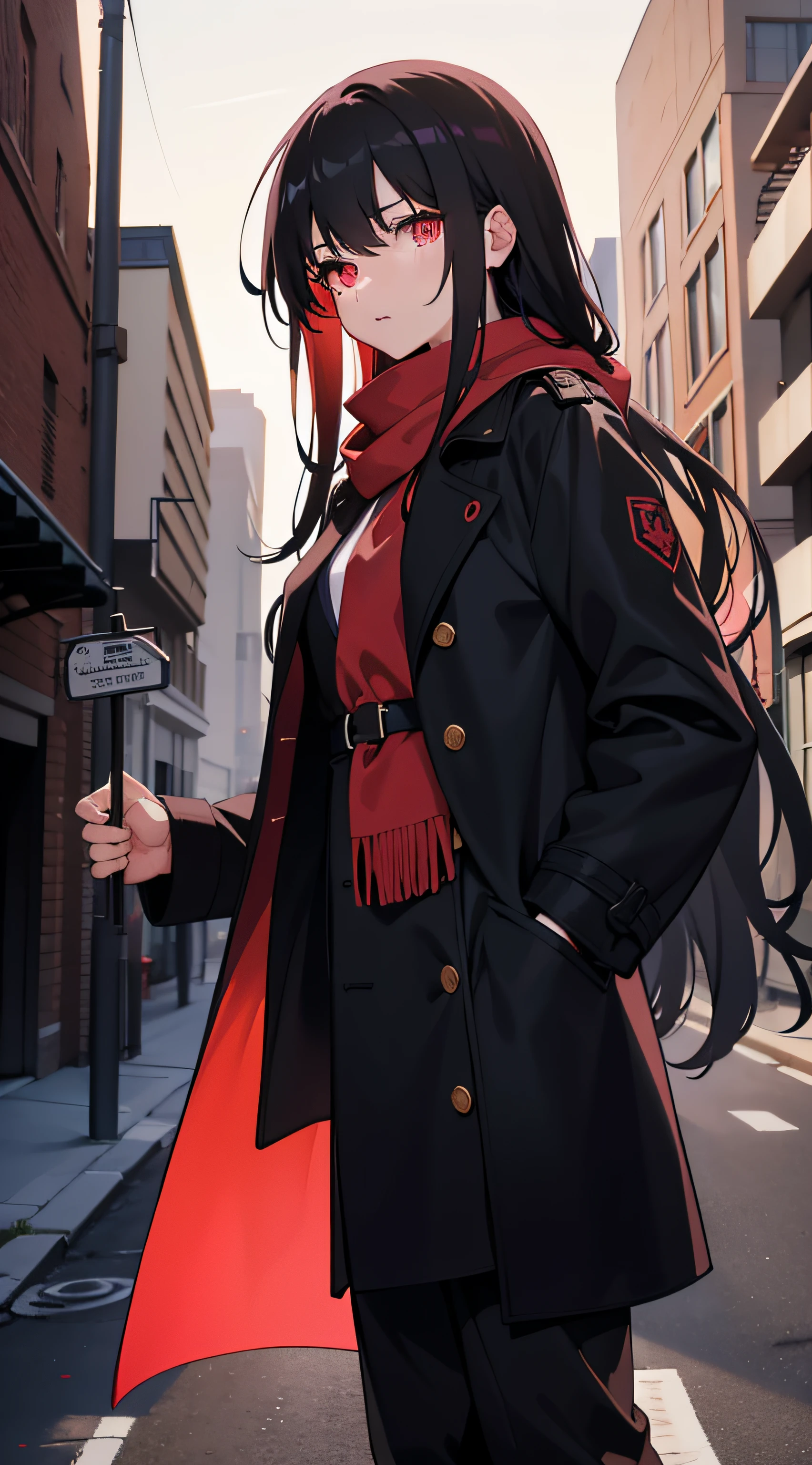 Black hair,long whitr hair,Long red scarf,Open black trench coat,Golden pupils,Clothes open,Pink undershirt,Front view,Vtuber character,Upright