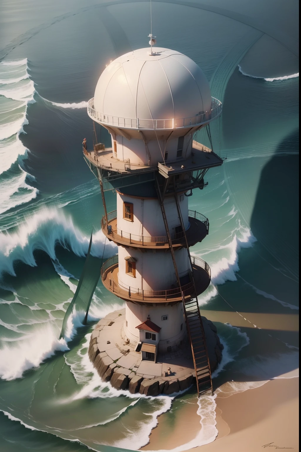 A lighthouse on a rock in the high sea acts as a signal, with a giant basketball hanging in front of it and a basketball flying in the air. (best quality,4k,8k,highres,masterpiece:1.2), ultra-detailed, (realistic,photo-realistic:1.37), HDR, UHD, studio lighting, extreme detail description, professional, vivid colors, bokeh, portraits, landscape, basketball, giant basketball, lighthouse, rock, high sea, signal, flying basketball