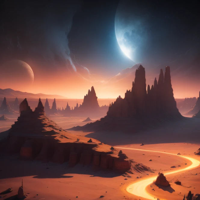 an alien base (very detailed) with several exhaust fans and chimneys in the middle of a mountainous desert, some spotlights coming out of the base to light up the dark place, (extreme night), some clouds in the night sky, some planets around to give an unknown planet air