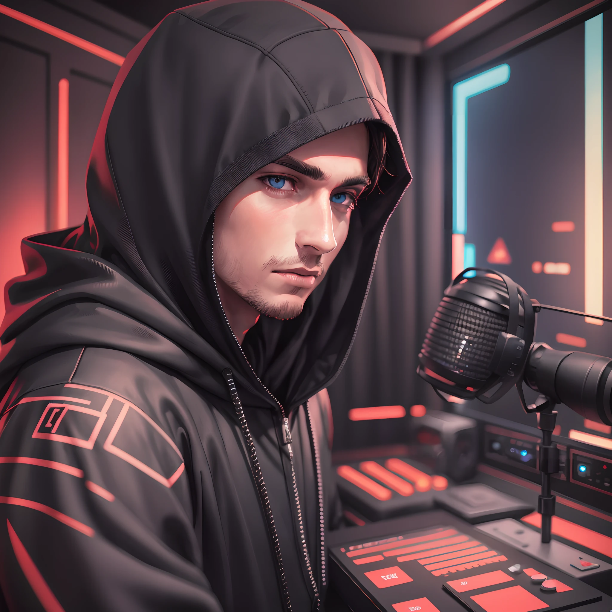 arafed image of a man in a hoodie sitting in front of a microphone, looking in camera, front facing,anton fadeev 8 k, 8k portrait render, hyper-realistic cyberpunk style, 3 d render beeple, in cyberpunk style, cyberpunk art ultrarealistic 8k, high quality portrait, portrait of a cyberpunk machine, portrait of a cyberpunk man, twitch streamer / gamer ludwig