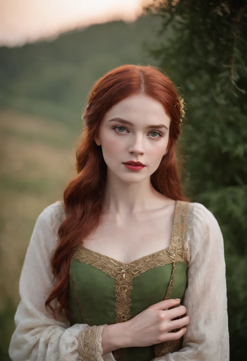 (((a deep reddish wound crosses her left cheek))) fair complexion, woman around 19 years old, natural red hair, distinctive green eyes, wearing kohl, slender and graceful, beautiful, candlelight in a medieval setting, ultra sharp focus, realistic shot, medieval female clothes, tetradic colors (scar:1.4)