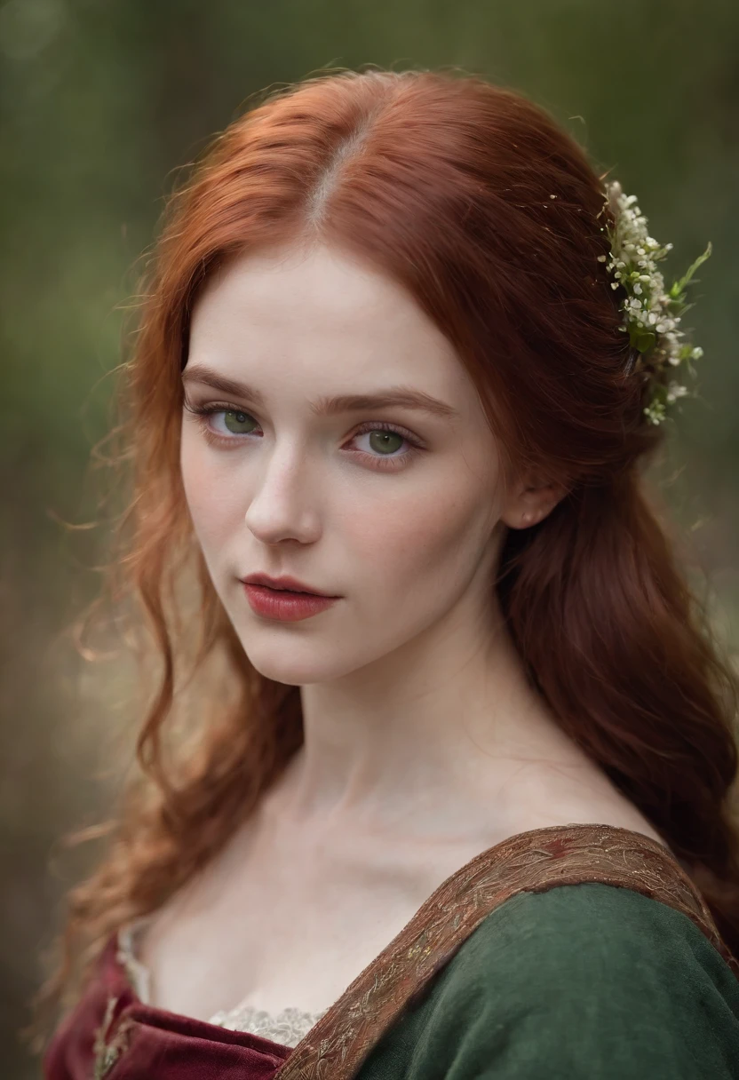 (((a deep reddish wound crosses her left cheek))) fair complexion, woman around 19 years old, natural red hair, distinctive green eyes, wearing kohl, slender and graceful, beautiful, candlelight in a medieval setting, ultra sharp focus, realistic shot, medieval female clothes, tetradic colors (scar:1.4)