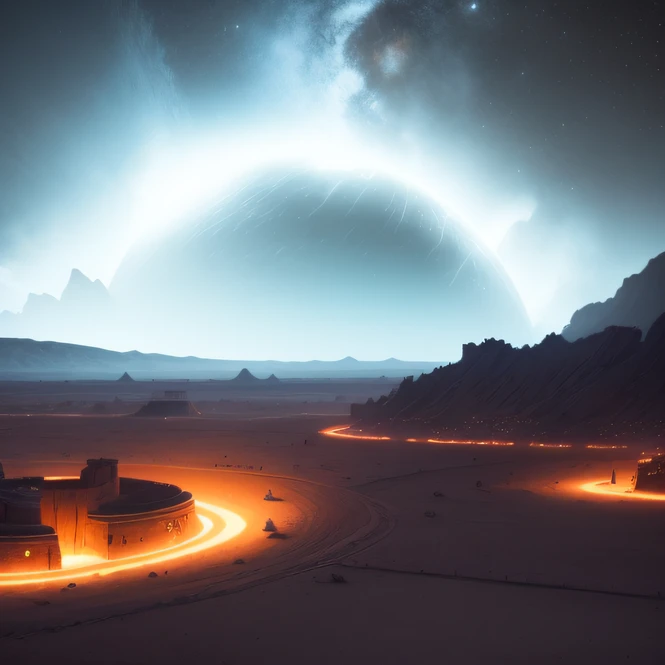 an alien base (very detailed) with several exhaust fans and chimneys in the middle of a mountainous desert, some spotlights coming out of the base to light up the dark place, (extreme night), some clouds in the night sky, some planets around to give an unknown planet air