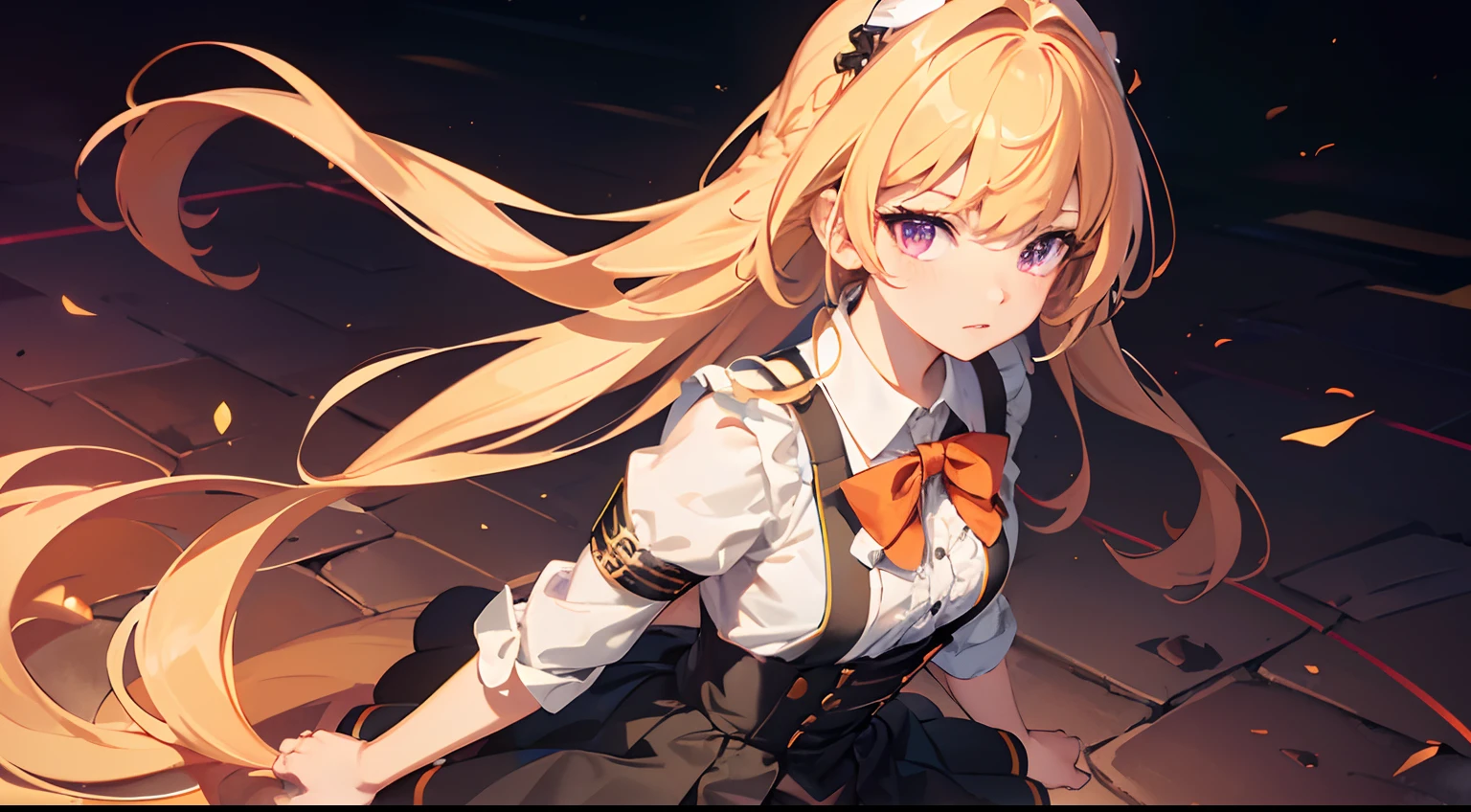 ((unity 16k wallpaper, masterpiece, best quality, ultra-detailed, extremely detailed CG, caustics, detailed, beautiful detailed eyes, 14 years old, dynamic pose, curby)), ultra high-definition, fine skin, (cute: 1.2), (school uniform), blonde hair, small breast,masterpiece,best quality,upper body,1girl,collared_shirt and flared_skirt as material1,orange theme,cosplay,outside border,side braids,small breasts,purple eyes,disgust,from above, loli