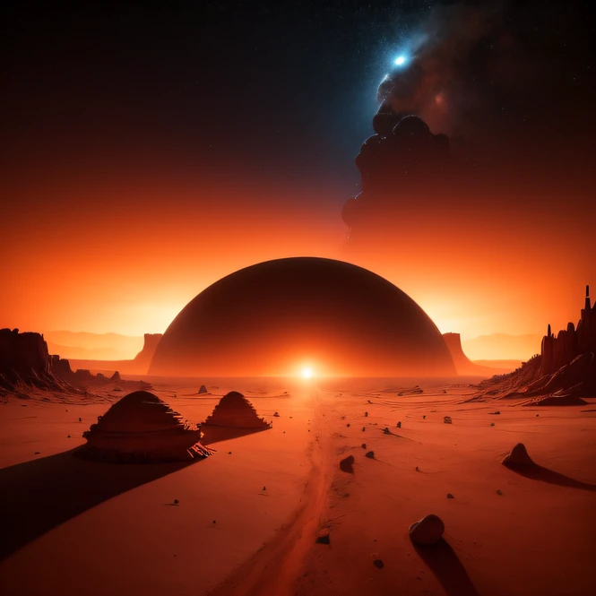 Alien base (Very detailed) In the mountainous desert there are several exhaust fans and chimneys, Some spotlights come out of the base to illuminate dark places, (Extreme nights), Some clouds in the night sky, Some of the surrounding planets give air to unknown planets,The farthest giant volcano is erupting