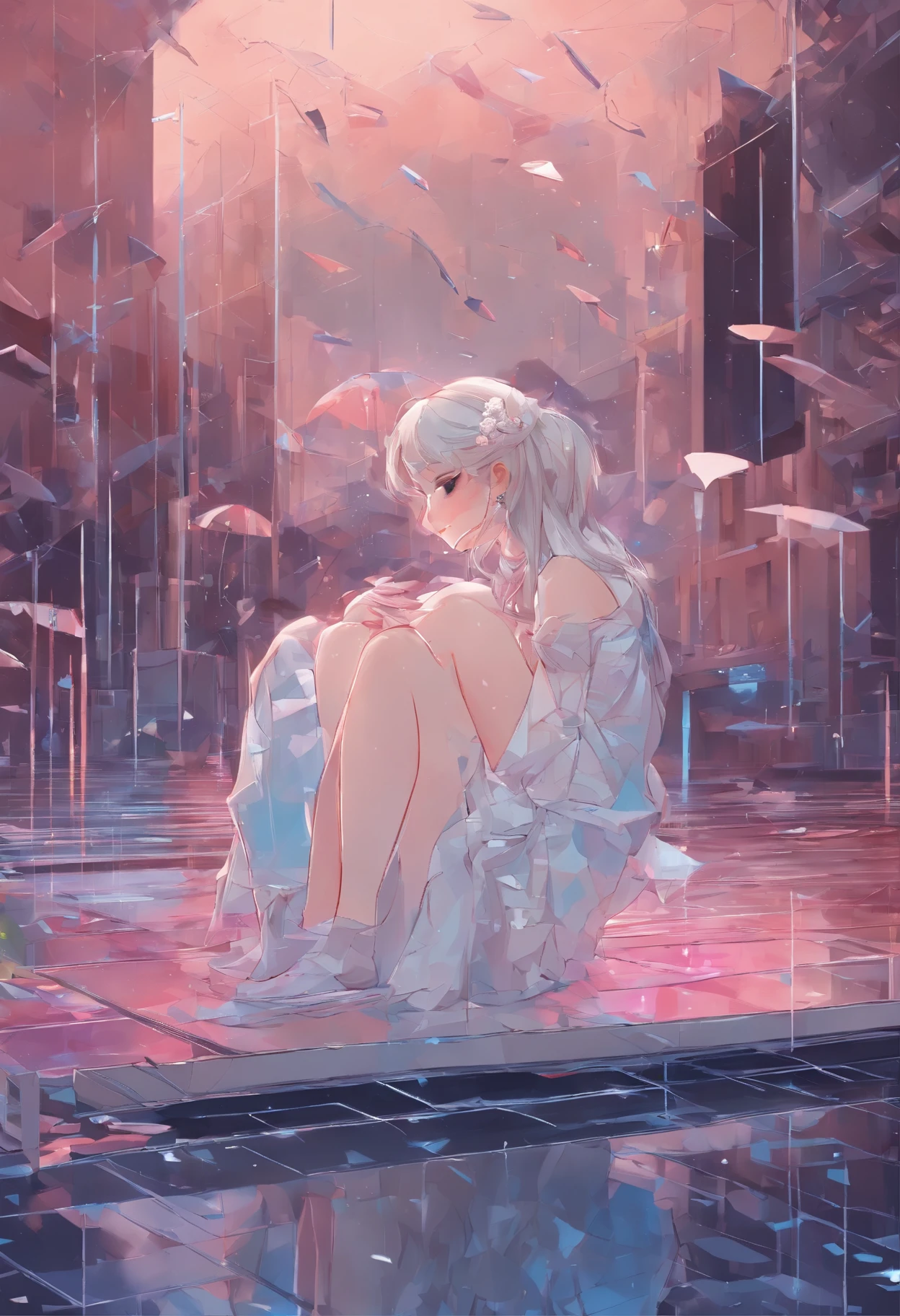 Sad girl,cry,darkness,Rain sky,。.。.。.。.。.。.。.3D,Upscale,hard disk,a blond,is crying,with his back turned